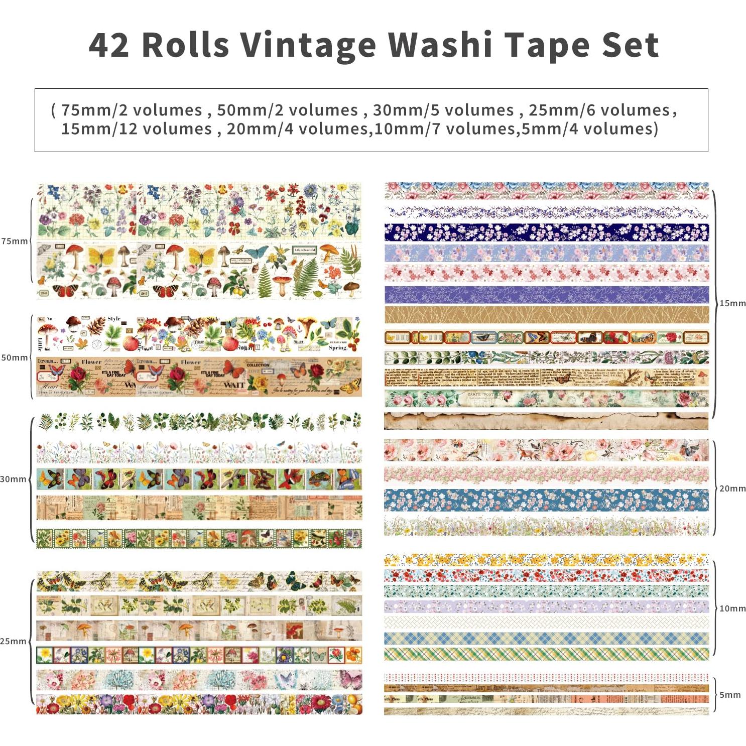 42 Rollos de Cinta Washi Vintage Emmoolife 5-75mm Decorativa