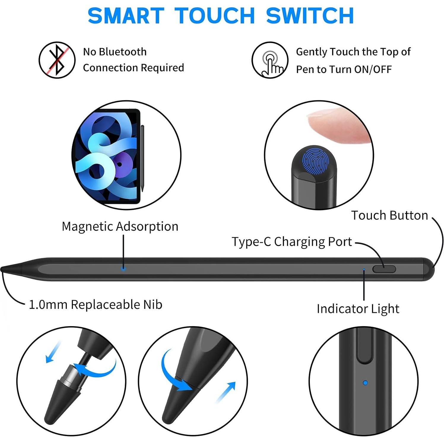 Lápiz Stylus Activo NTHJOYS Negro para iPad y Android Punta Fina