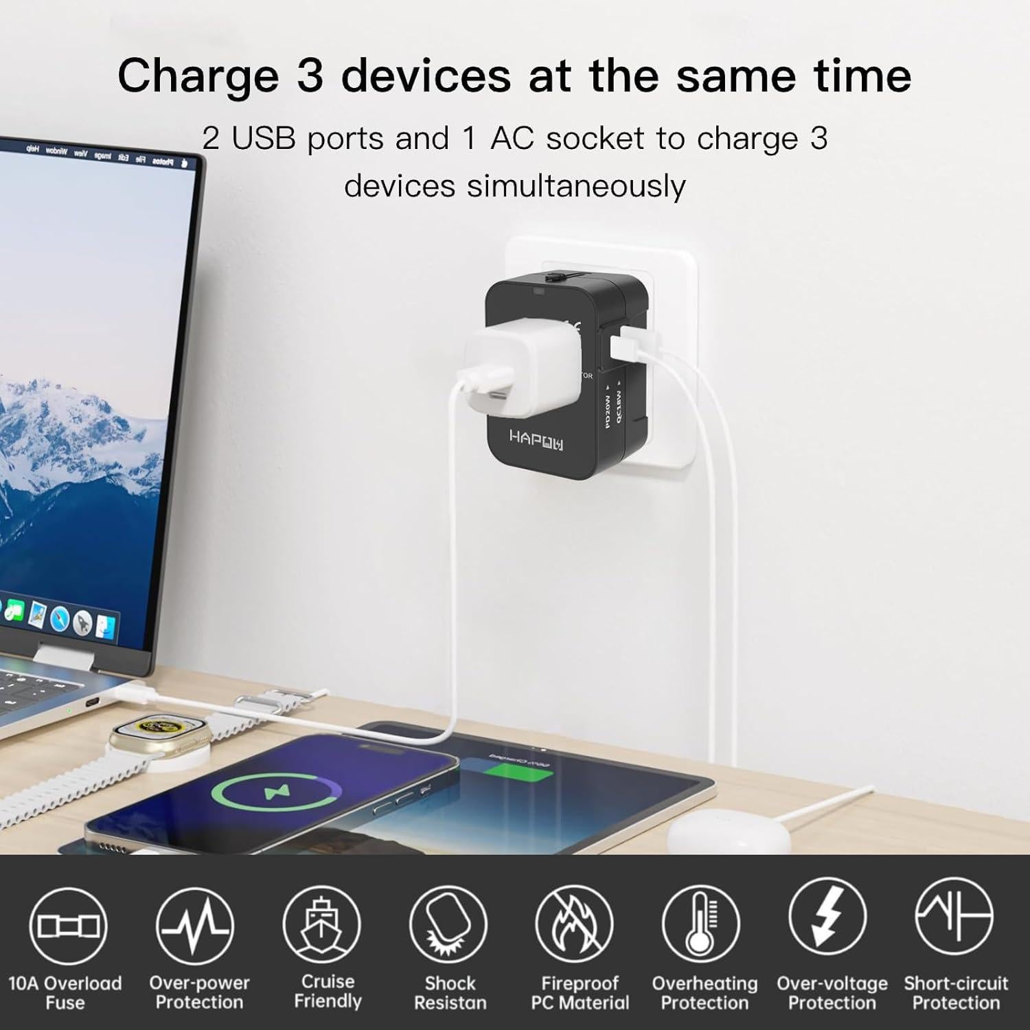 Adaptador de Viaje Universal HAPOW 1 USB-C 1 USB-A Carga Rápida