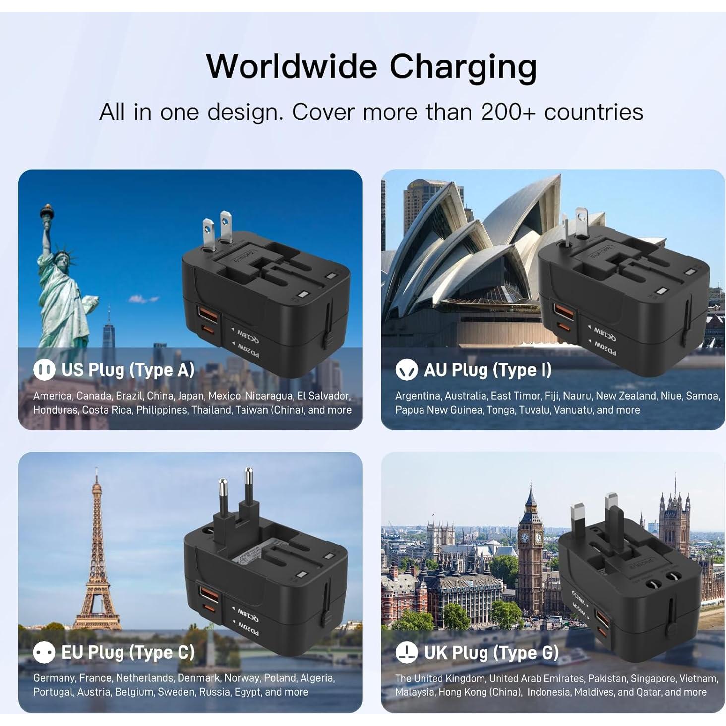 Adaptador de Viaje Universal HAPOW 1 USB-C 1 USB-A Carga Rápida