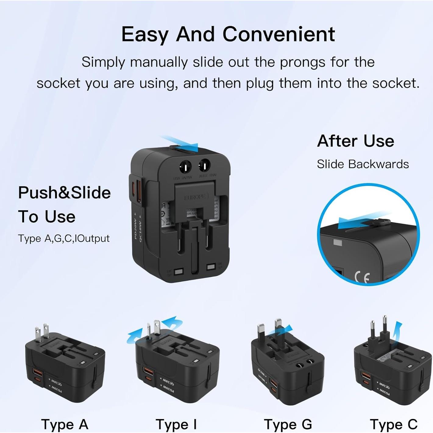 Adaptador de Viaje Universal HAPOW 1 USB-C 1 USB-A Carga Rápida