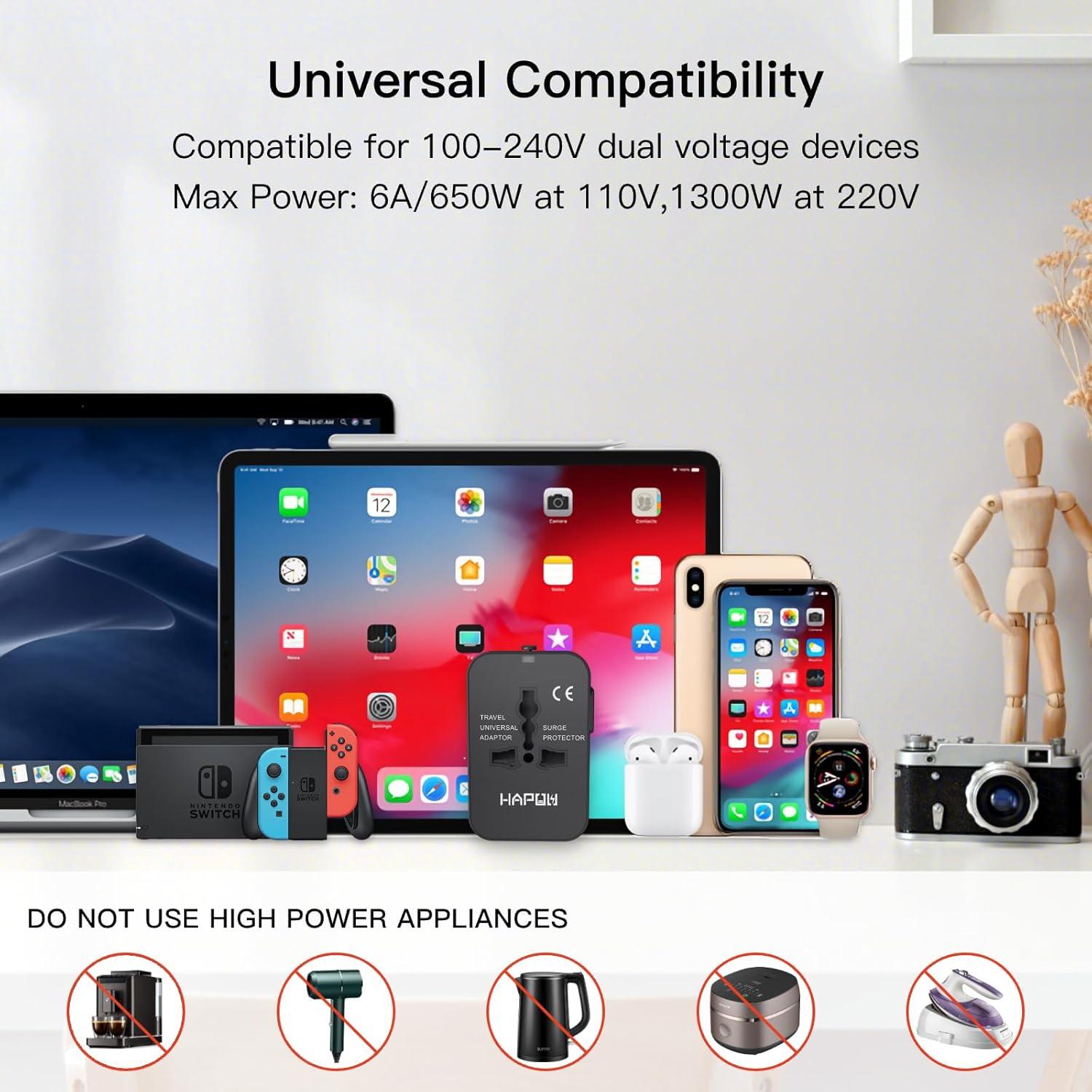 Adaptador de Viaje Universal HAPOW 1 USB-C 1 USB-A Carga Rápida