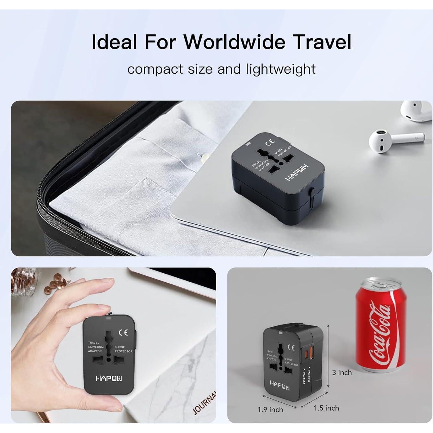 Adaptador de Viaje Universal HAPOW 1 USB-C 1 USB-A Carga Rápida