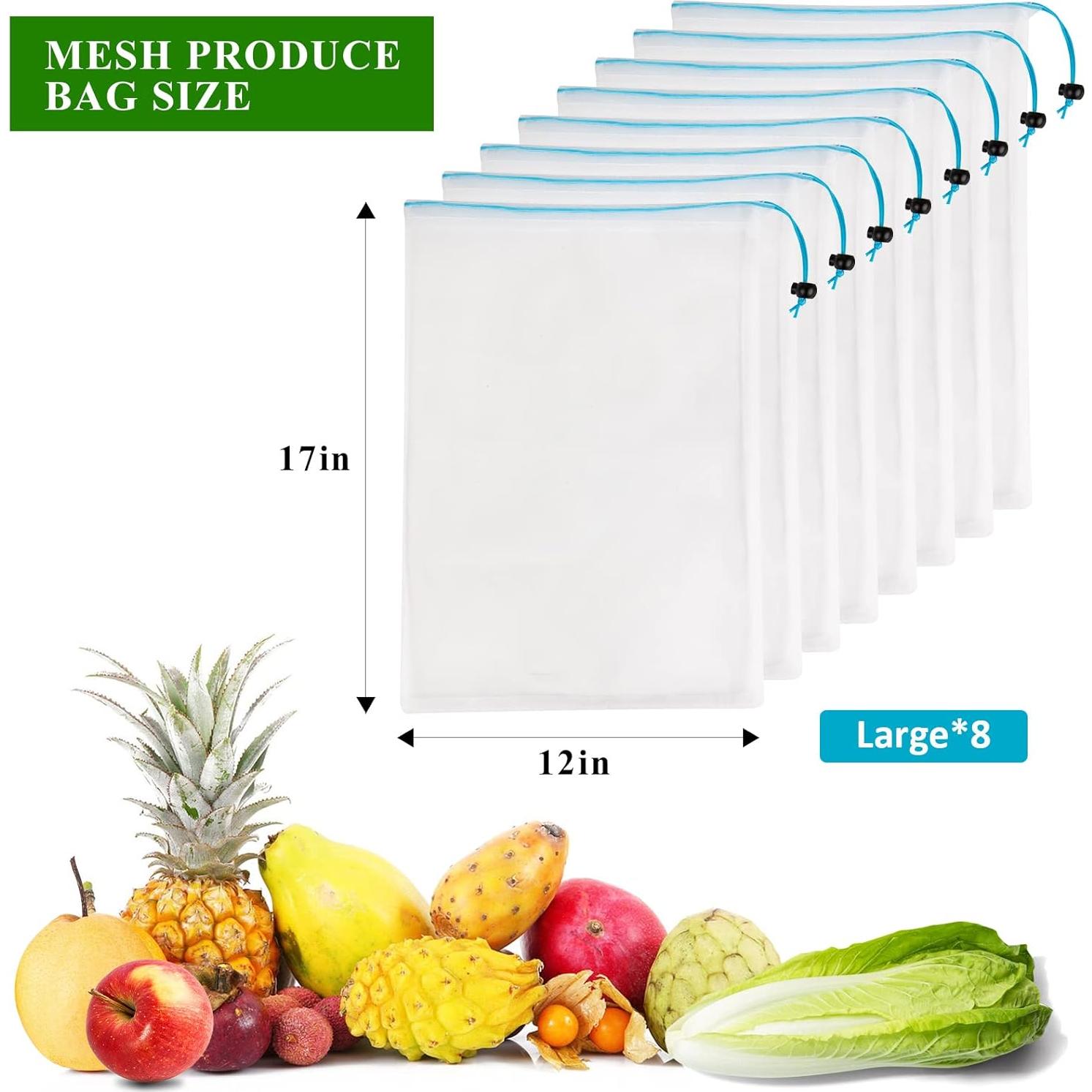 8 Bolsas de Malla Reutilizables JSVSLTD Azules Grandes 30.48x43.18cm