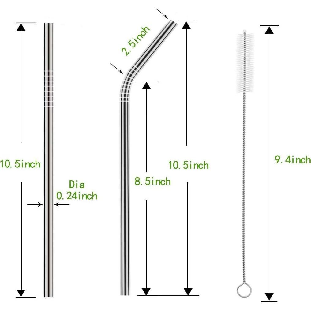 Juego de 10 Pajillas Reutilizables HuaQi de Acero Inoxidable 26.67 cm