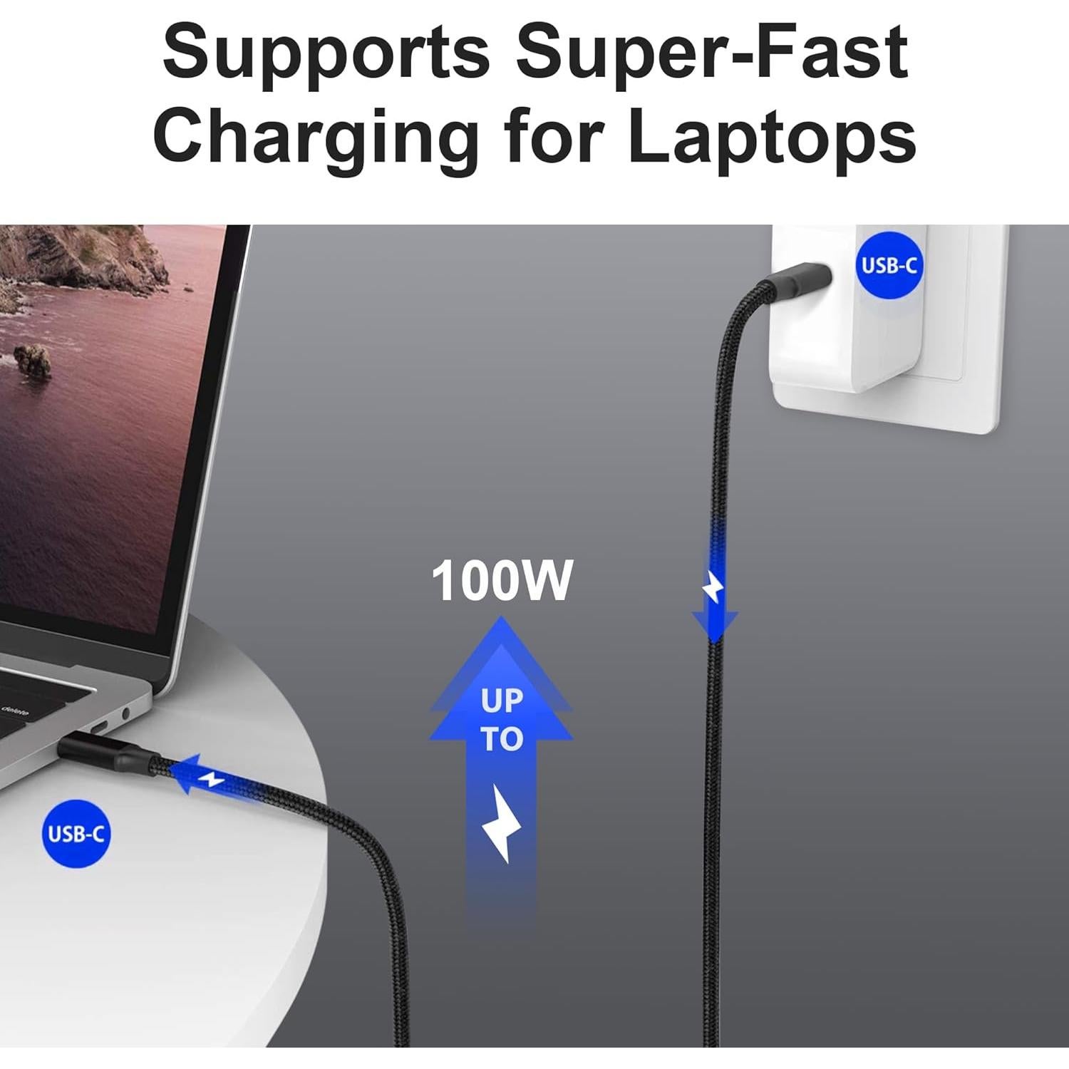 USB C to C Cable, 3.2 Gen 2 USB-C Cable 1.65ft - 4K UHD 20Gbps 100W PD Fast Charging Cable for MacBook Pro, for iPad Pro, Nylon Braided, Black.
