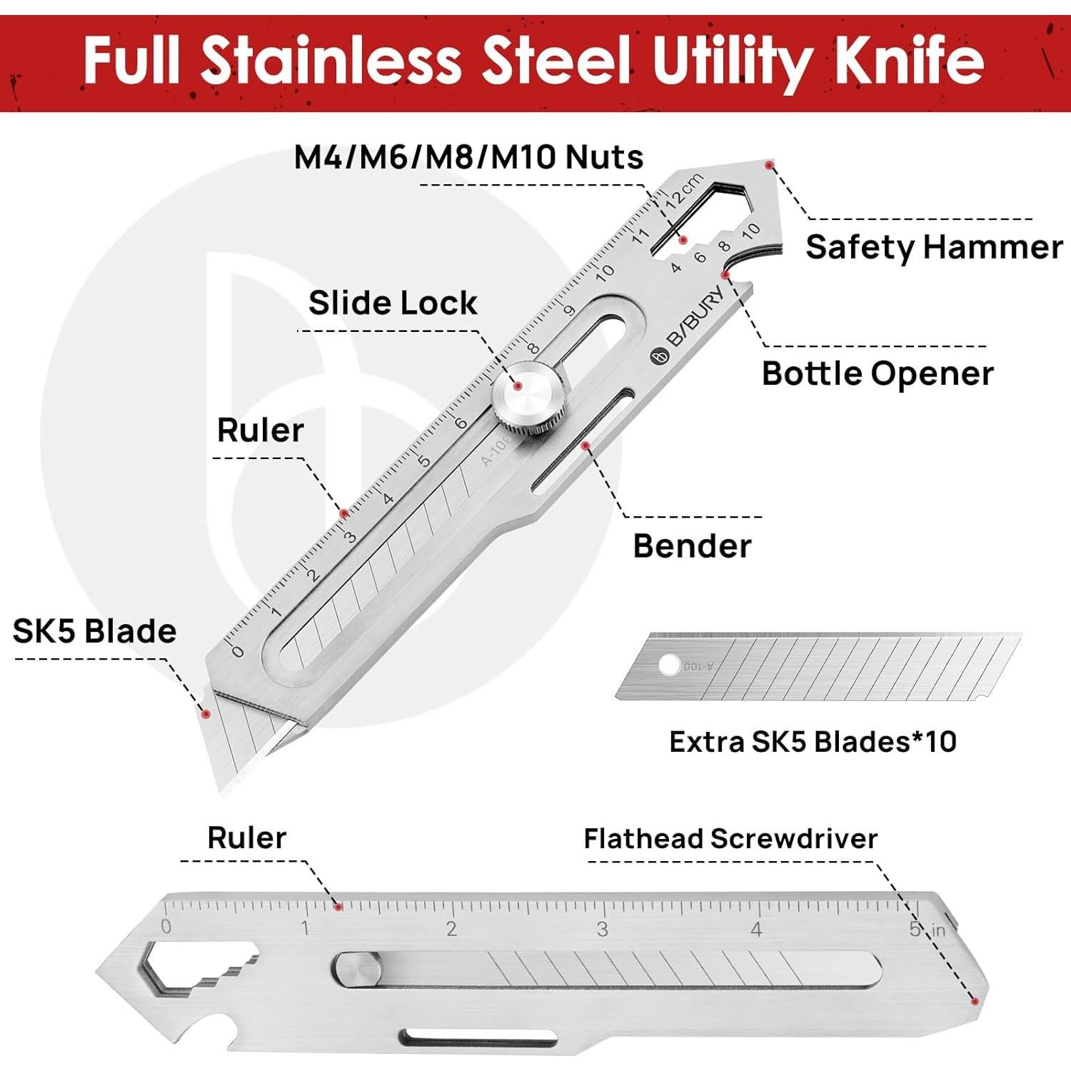 Cuchillo Utilitario Retráctil BIBURY 2 Pack Acero Inoxidable