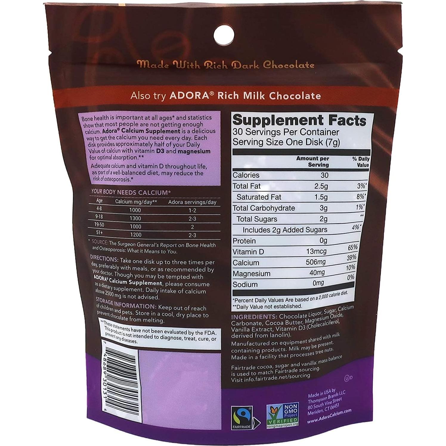 Suplemento de Calcio Adora Chocolate Oscuro 30 ct Paquete de 6