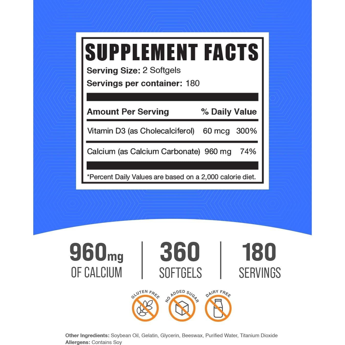 BulkSupplements Carbonato de Calcio y Vitamina D3 360 Softgels