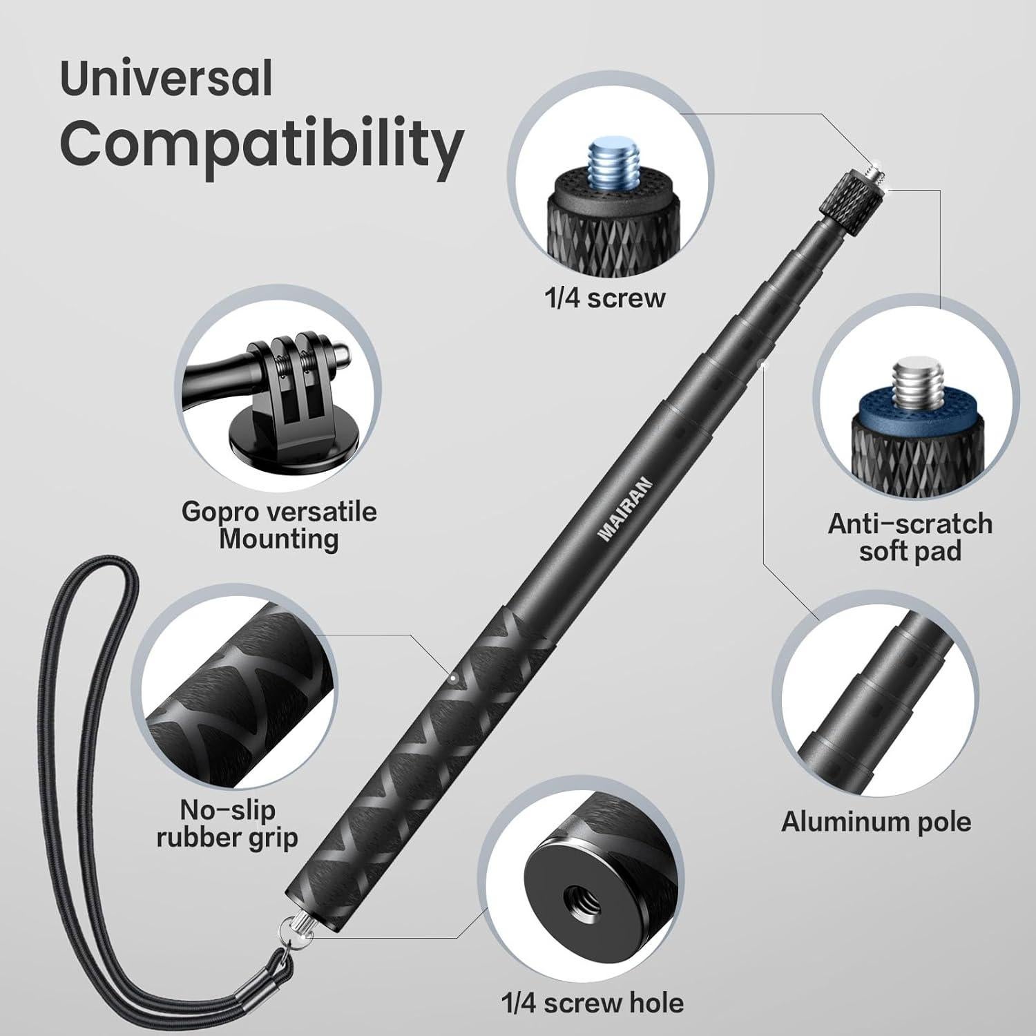 Palo de Selfie Extensible Mairan 114cm para Cámaras de Acción