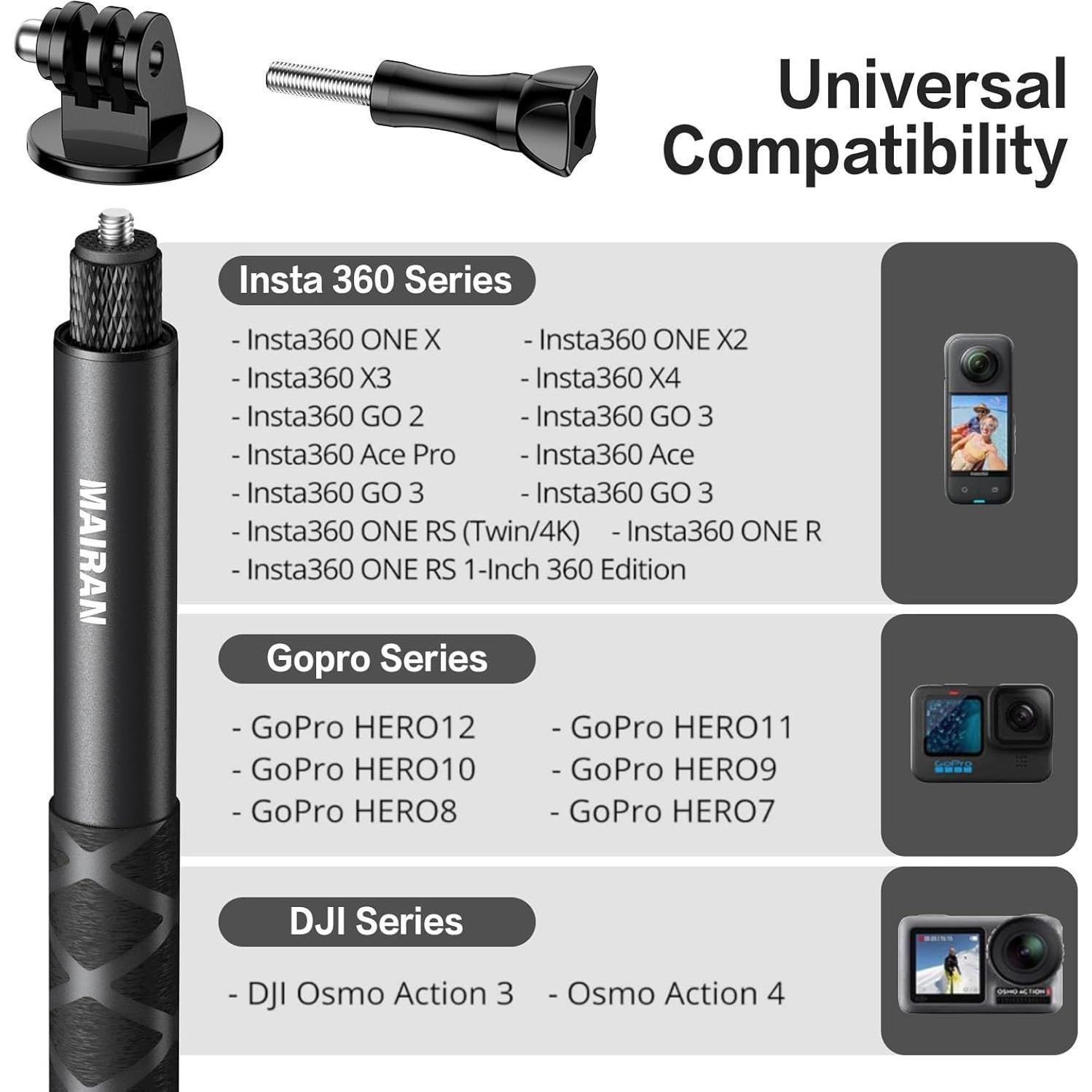 Palo de Selfie Extensible Mairan 114cm para Cámaras de Acción