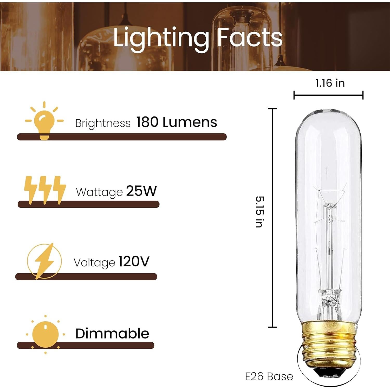 Paquete de 6 bombillas T10 25W E26 regulables blanco cálido