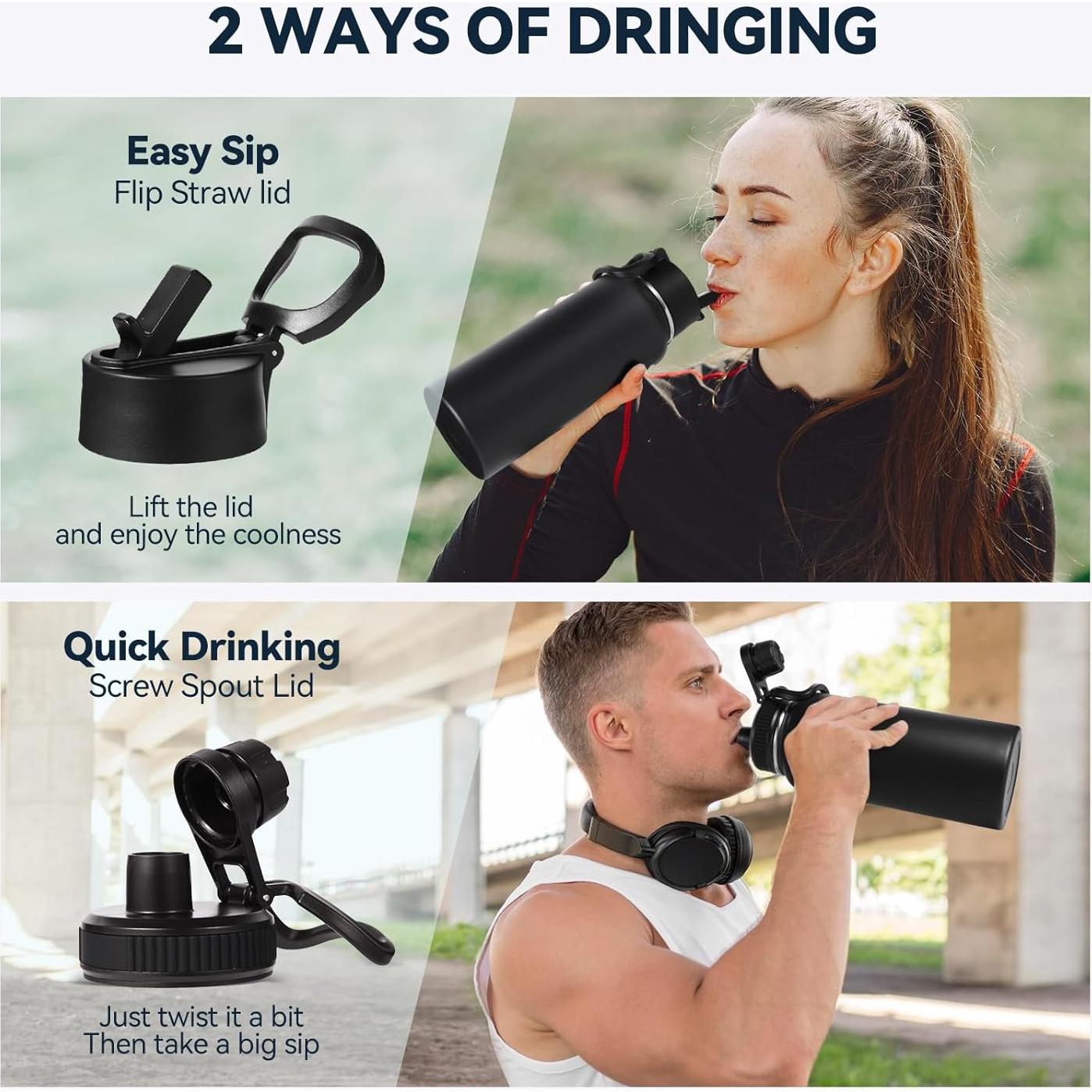 Botella de Agua Aislada Neihepal 0.95L con 2 Tapas - Negro