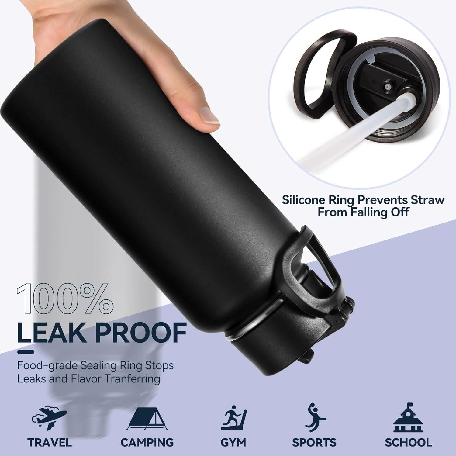 Botella de Agua Aislada Neihepal 0.95L con 2 Tapas - Negro