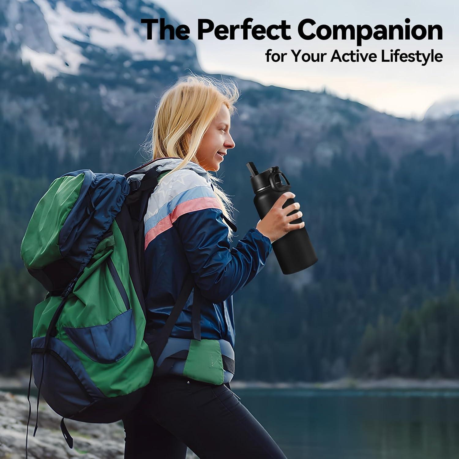 Botella de Agua Aislada Neihepal 0.95L con 2 Tapas - Negro