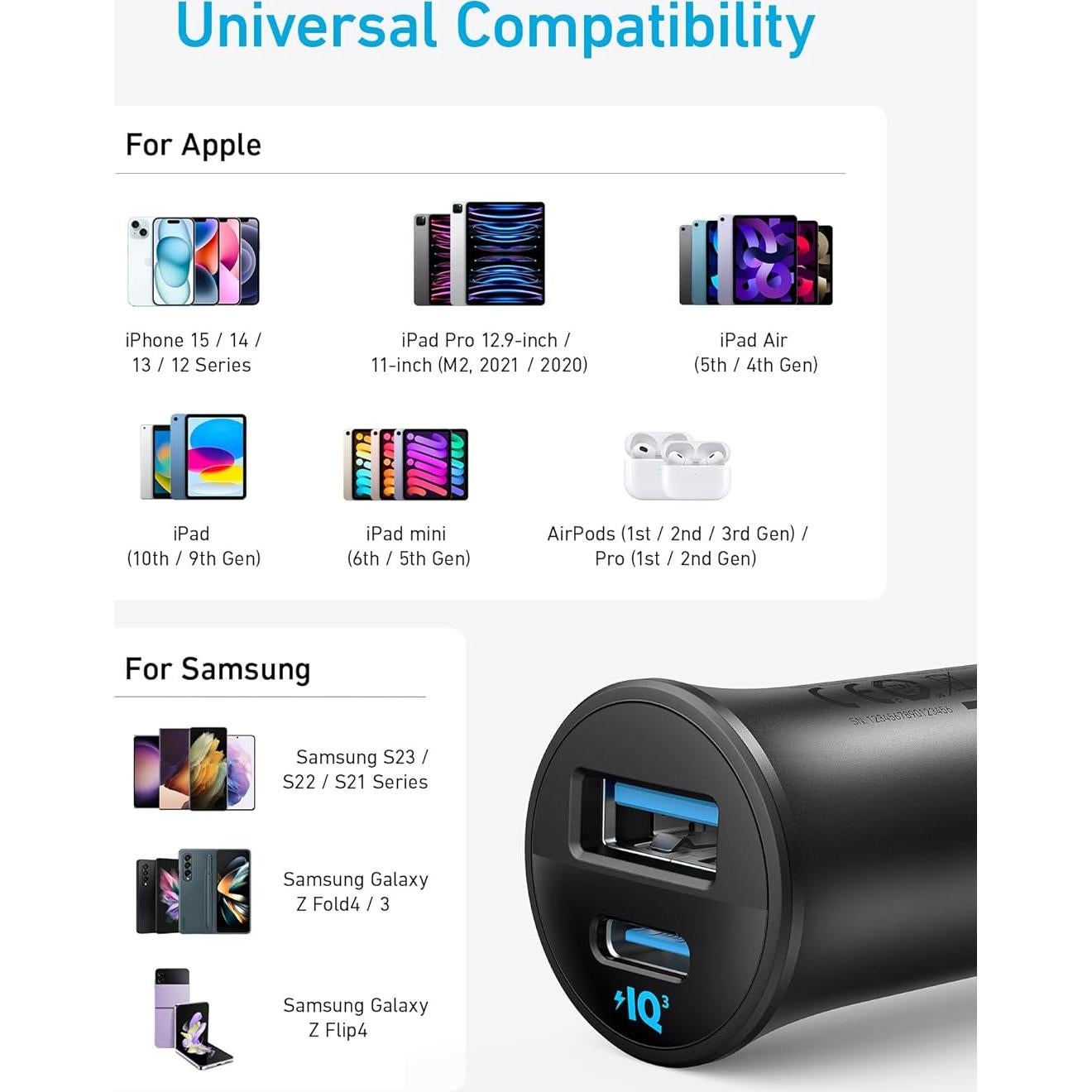 Cargador de coche USB-C Anker B2741, 30W, 2 Puertos