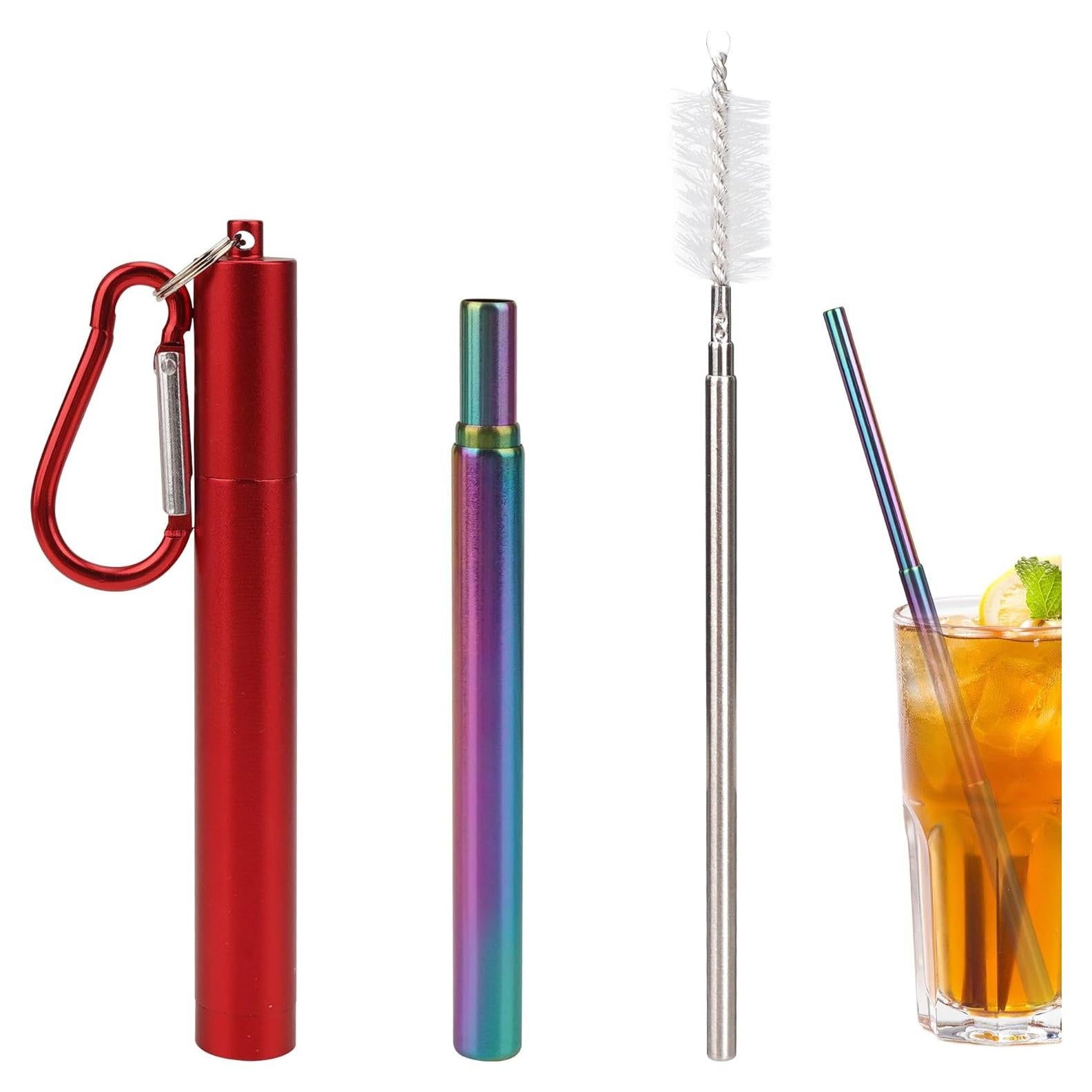 Popote de metal telescópico Biiange rojo con cepillo y estuche