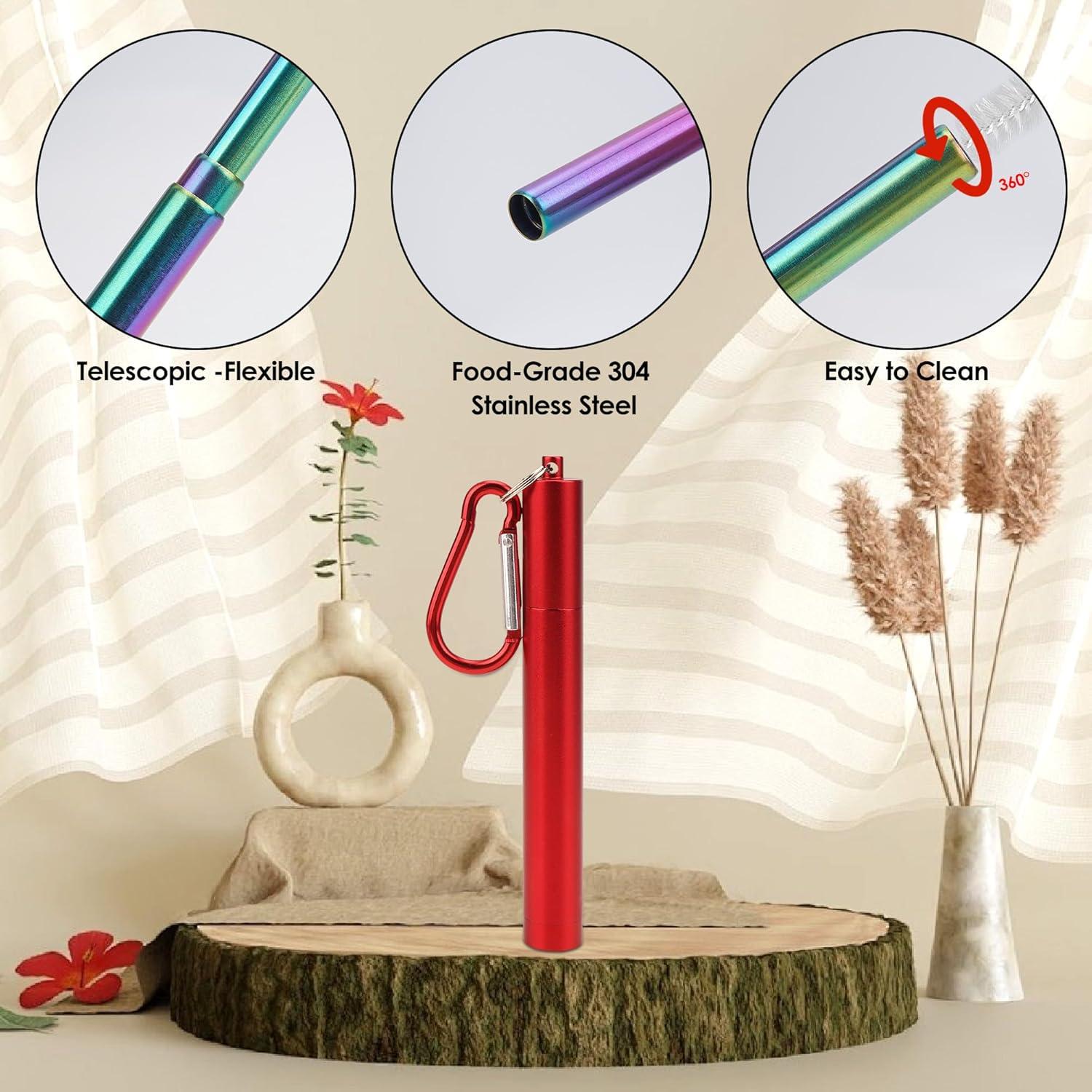 Popote de metal telescópico Biiange rojo con cepillo y estuche