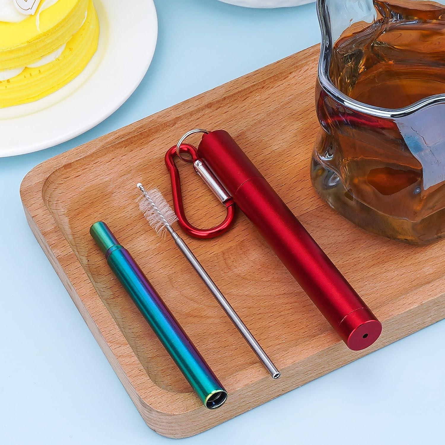 Popote de metal telescópico Biiange rojo con cepillo y estuche