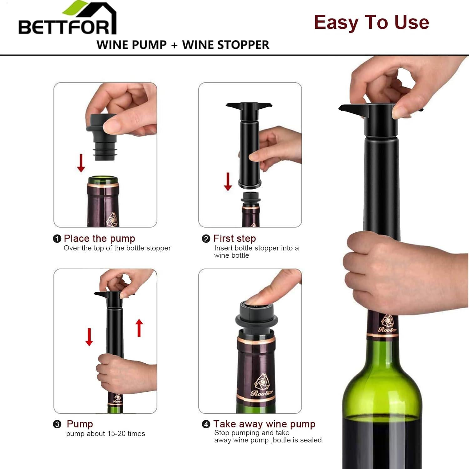 Bomba para Vino BETTFOR con 4 Tapones de Silicona Reutilizables