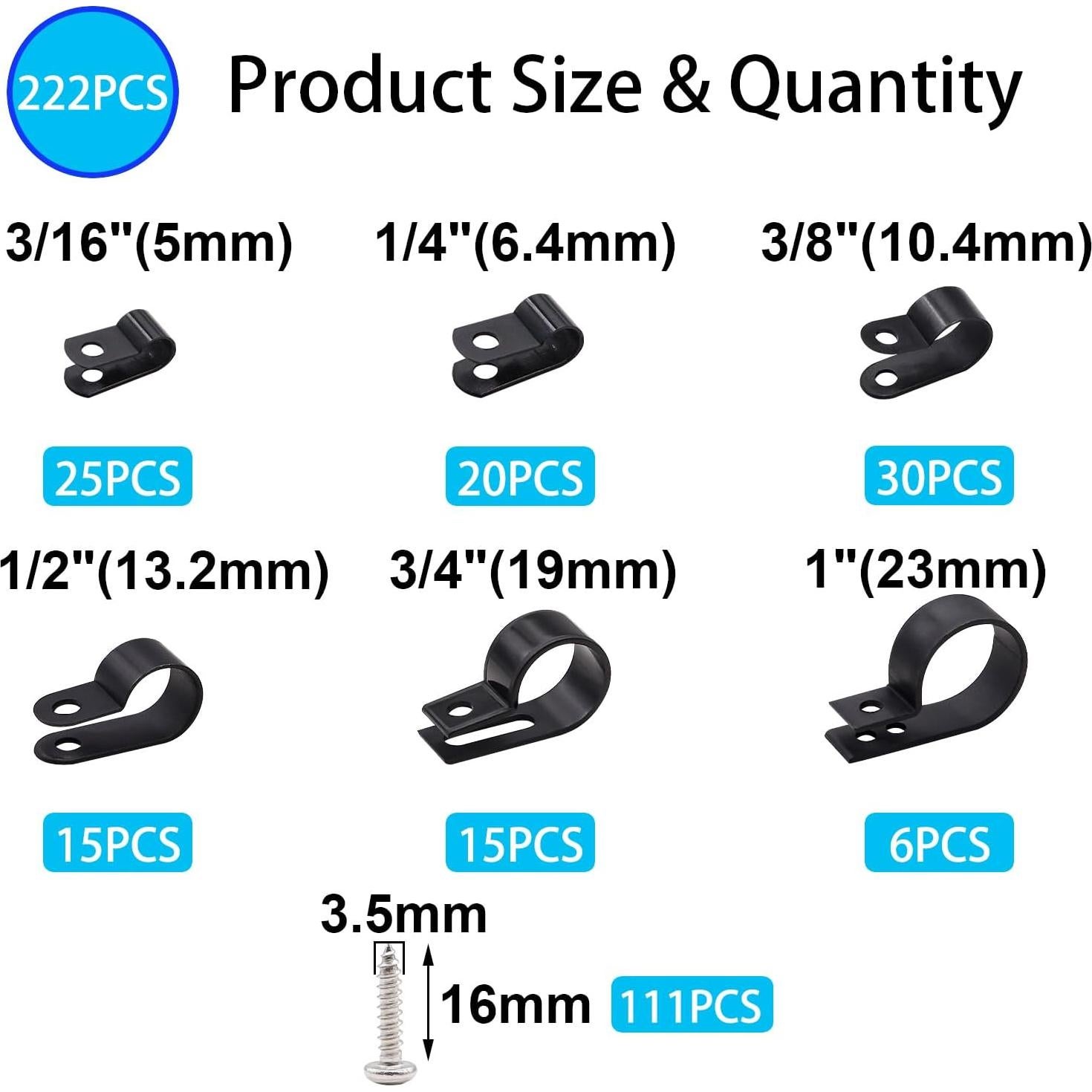 Kit de 222PCS Abrazaderas de Cable Nylon Tipo R TWTADE