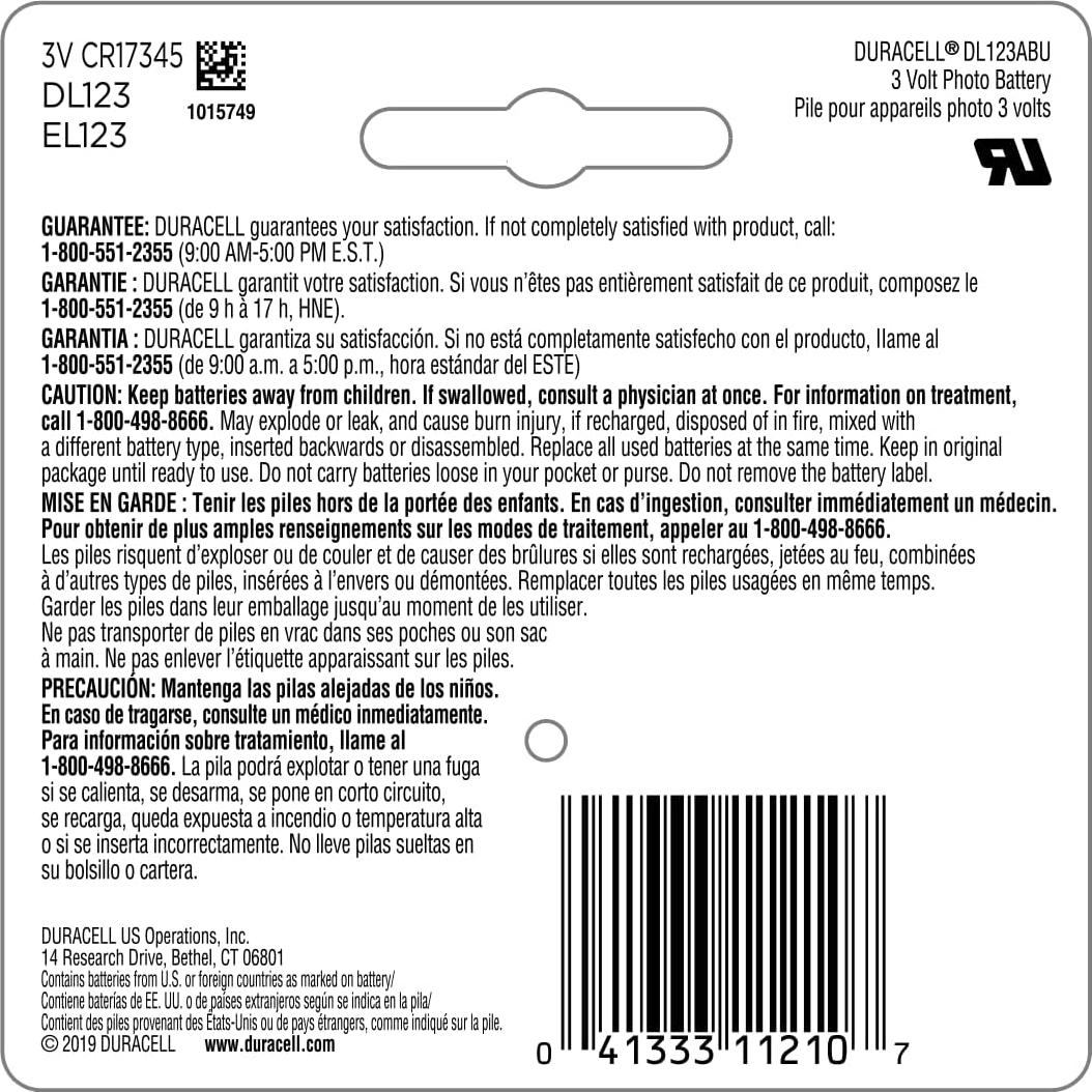 Batería de Litio Duracell CR123A 3V, 1 Cuenta, Alta Potencia