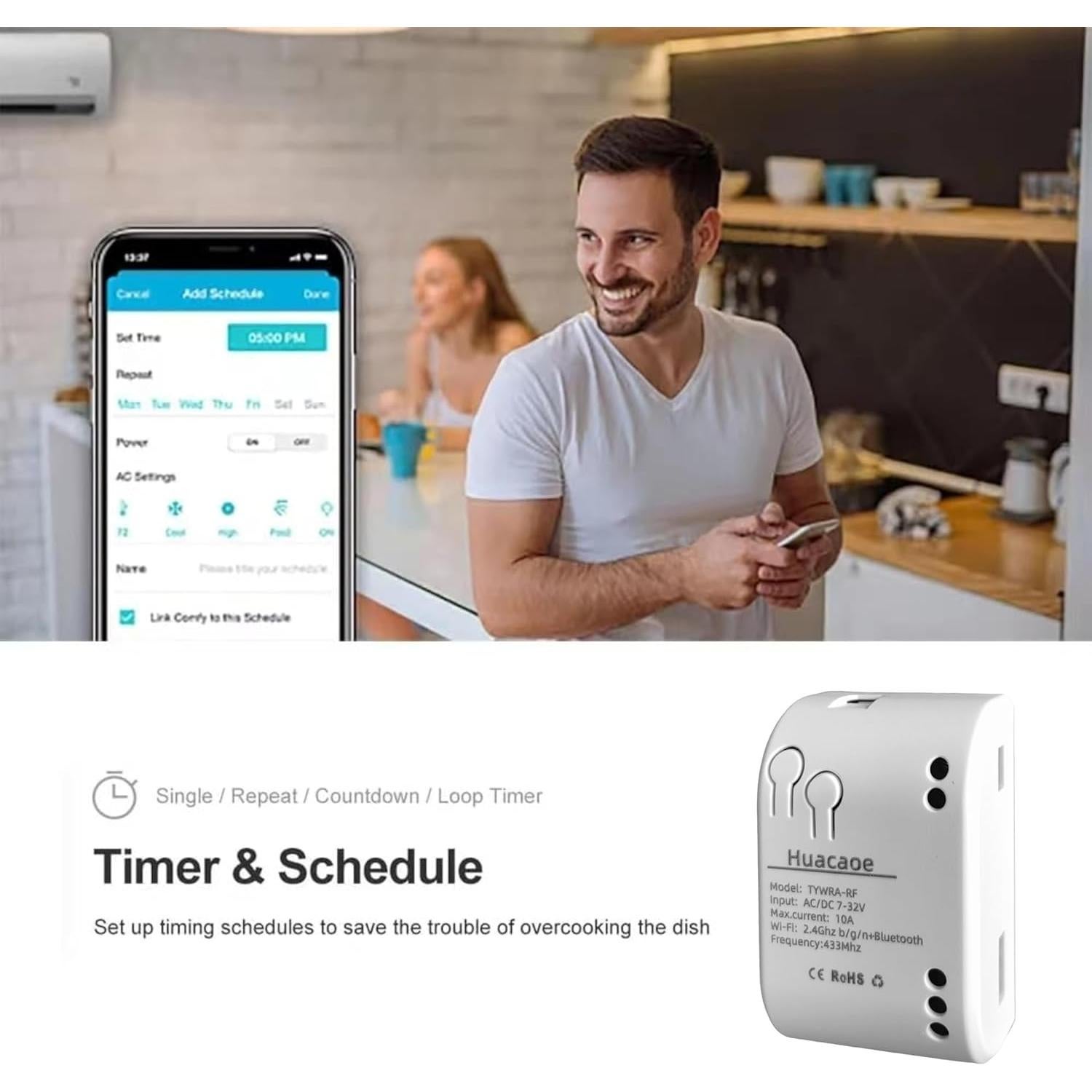 Módulo de Relé Seco Inteligente WiFi Huacaoe 1 Canal 5V/7-32V