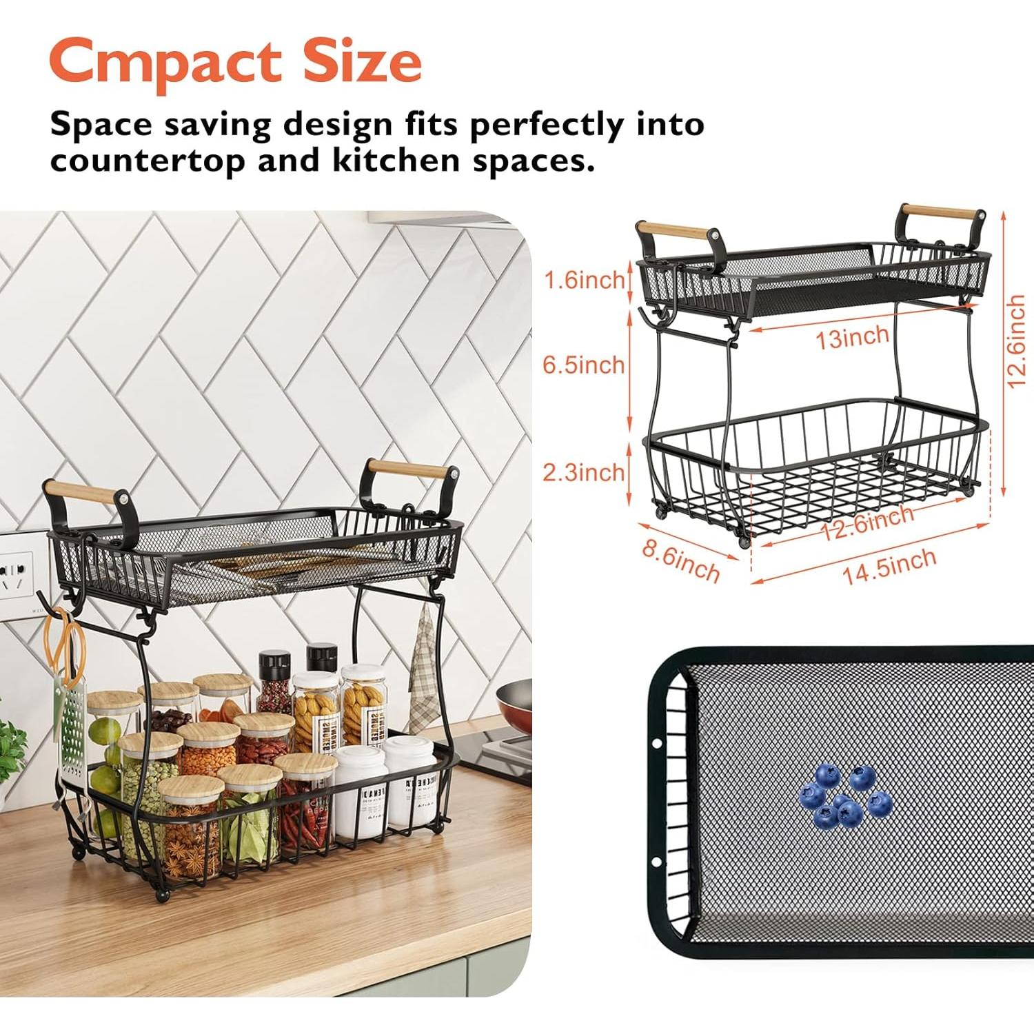 Soporte de Frutas ANTOPY 2 Niveles con Colgadores y Cesta Malla