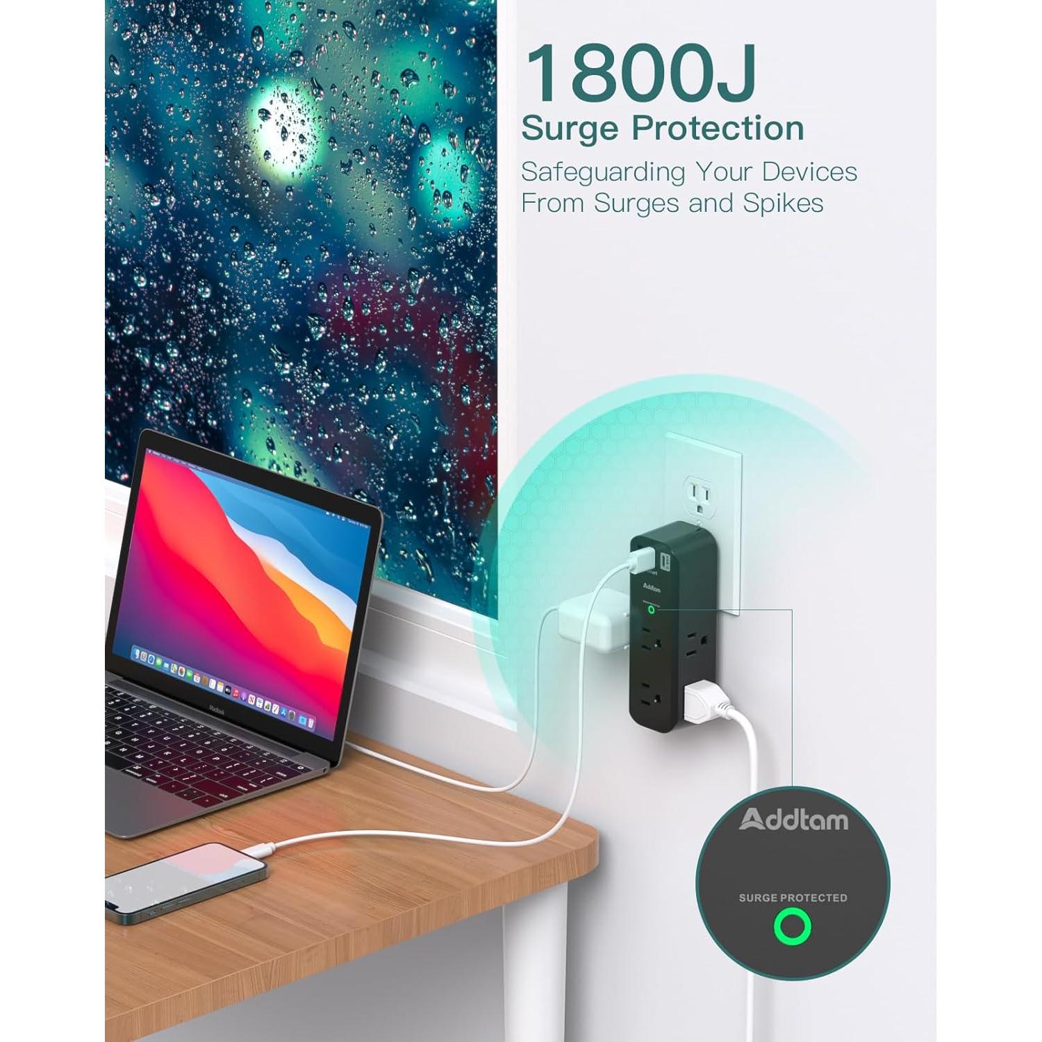 Extensor de Enchufe Addtam 6 AC + 3 USB Giratorio 1800J Negro