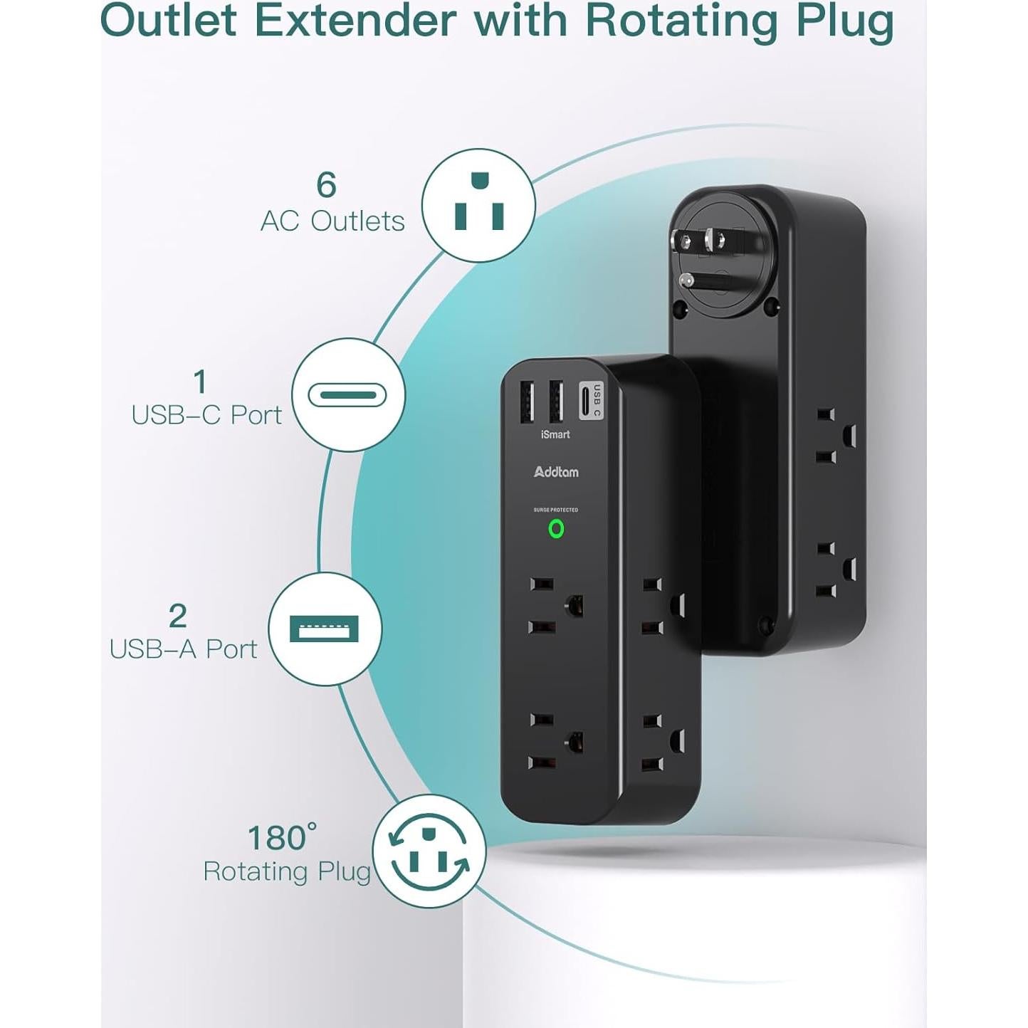 Extensor de Enchufe Addtam 6 AC + 3 USB Giratorio 1800J Negro