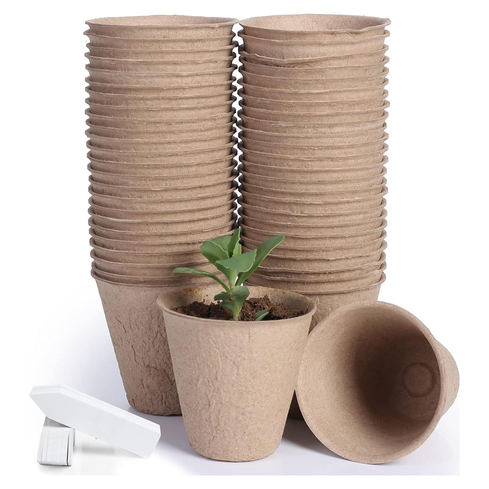JERIA 50 Macetas de Turba 8 cm con Etiquetas para Plantas