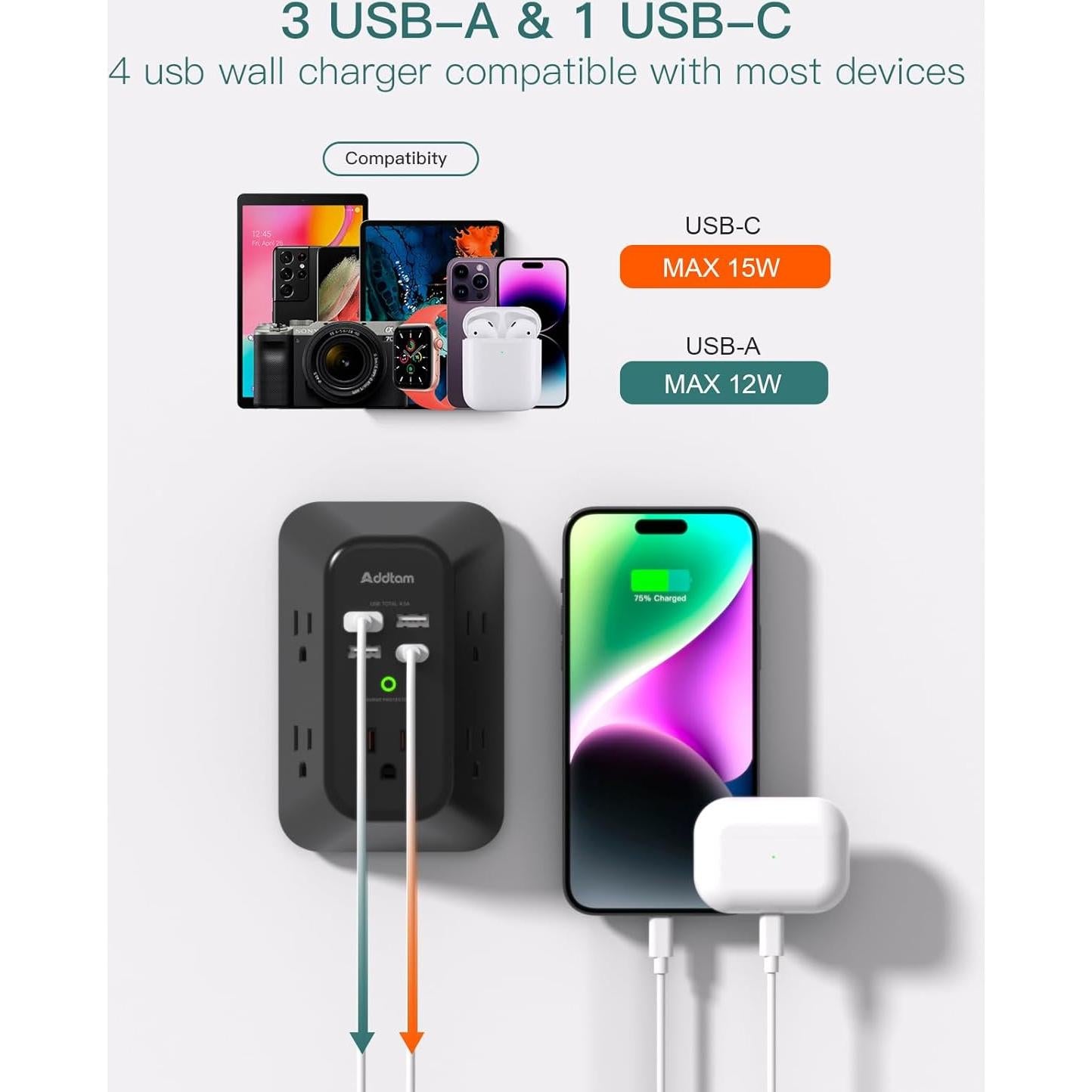 Extensor de Enchufe Addtam 5 Salidas 4 USB 1800J Protector