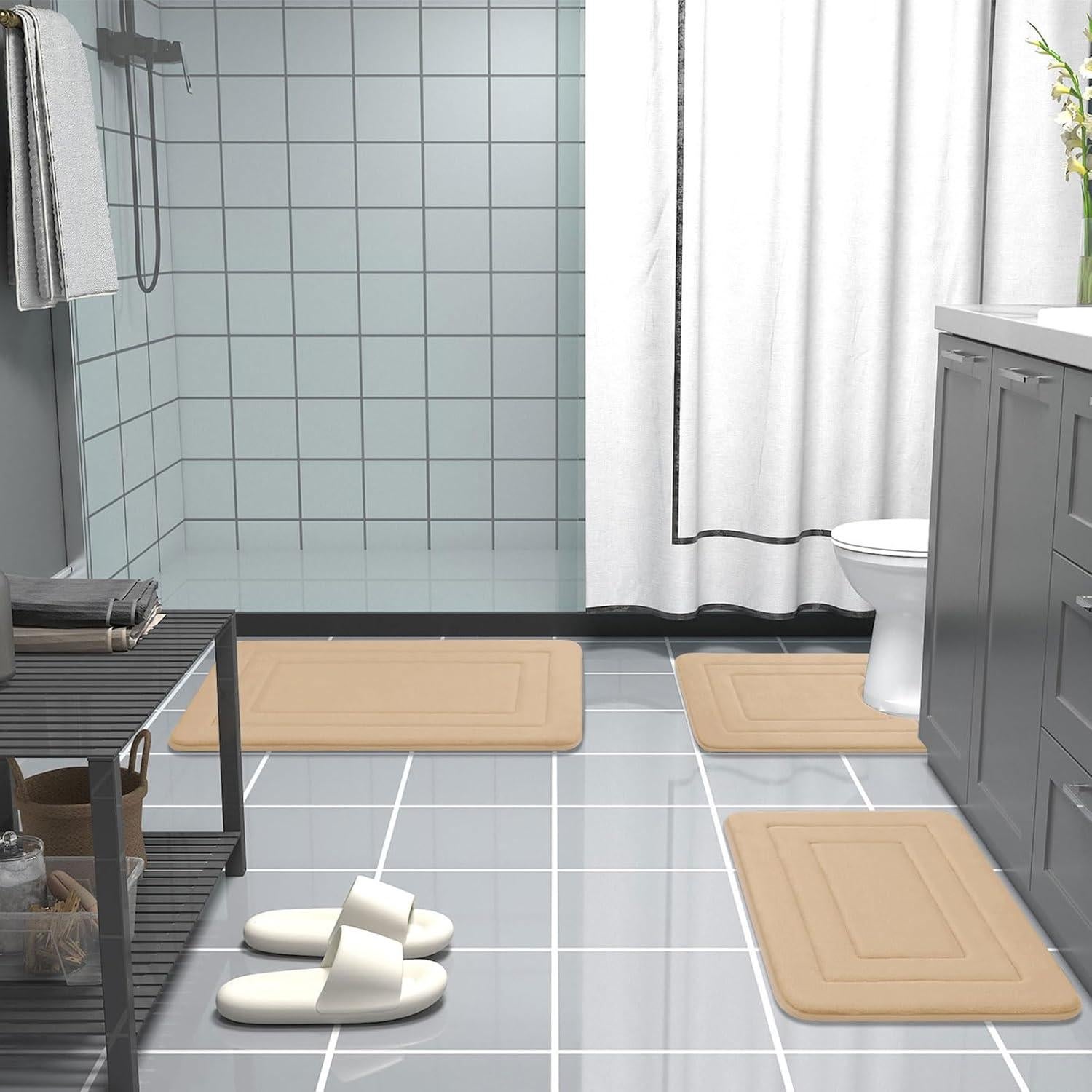 Arotive Memory Foam Bathroom Rug Mat 24x16, Ultra Soft and Absorbent Bath Mat, Machine Wash Dry, Comfortable Bath Rug Carpet for Bathroom Floor, Tub and Shower, Beige