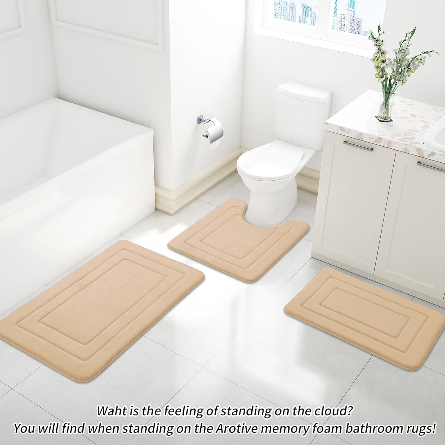 Arotive Memory Foam Bathroom Rug Mat 24x16, Ultra Soft and Absorbent Bath Mat, Machine Wash Dry, Comfortable Bath Rug Carpet for Bathroom Floor, Tub and Shower, Beige