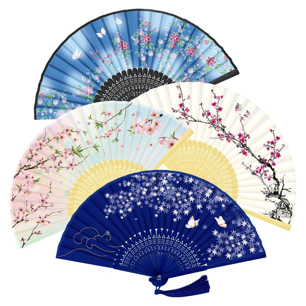 Abanico Plegable Chino WEARXI 4 PCS Seda y Bambú 21 cm