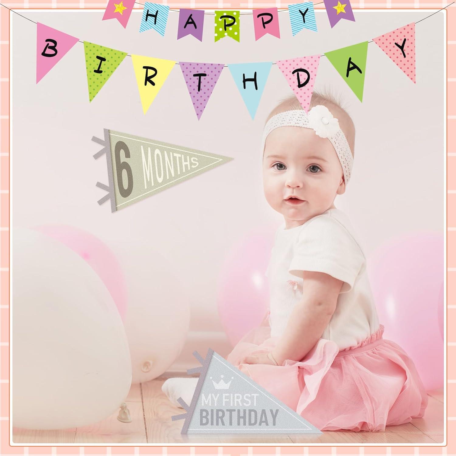 Banderas de Hito Mensual para Bebé 14 Pcs Fieltro Colores Variados