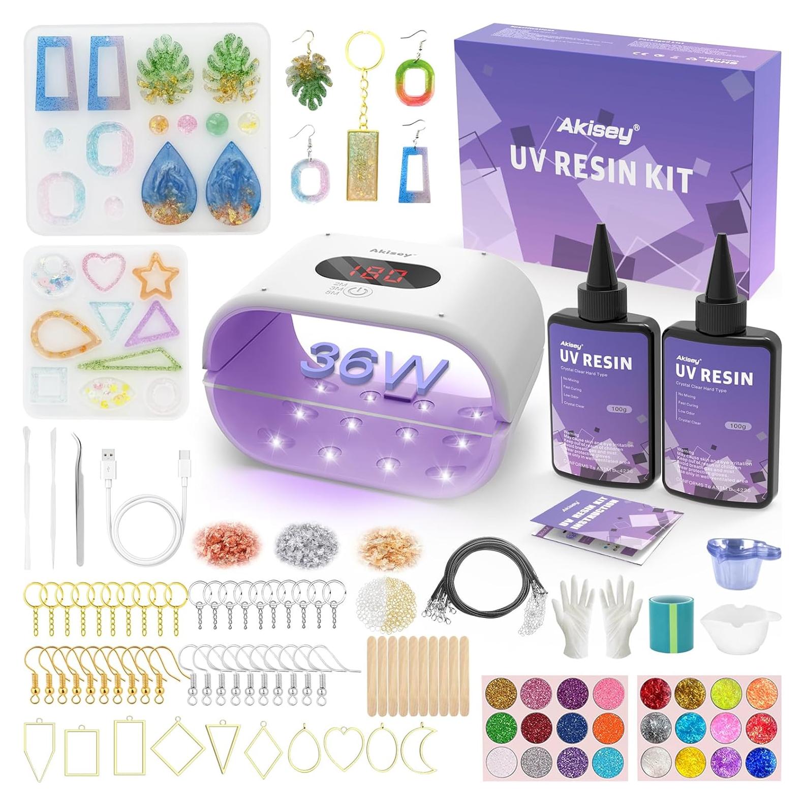 Kit de Joyería de Resina UV Akisey 200g con Luz 36W y Moldes