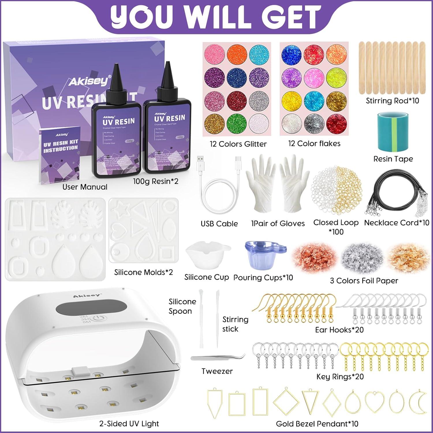 Kit de Joyería de Resina UV Akisey 200g con Luz 36W y Moldes