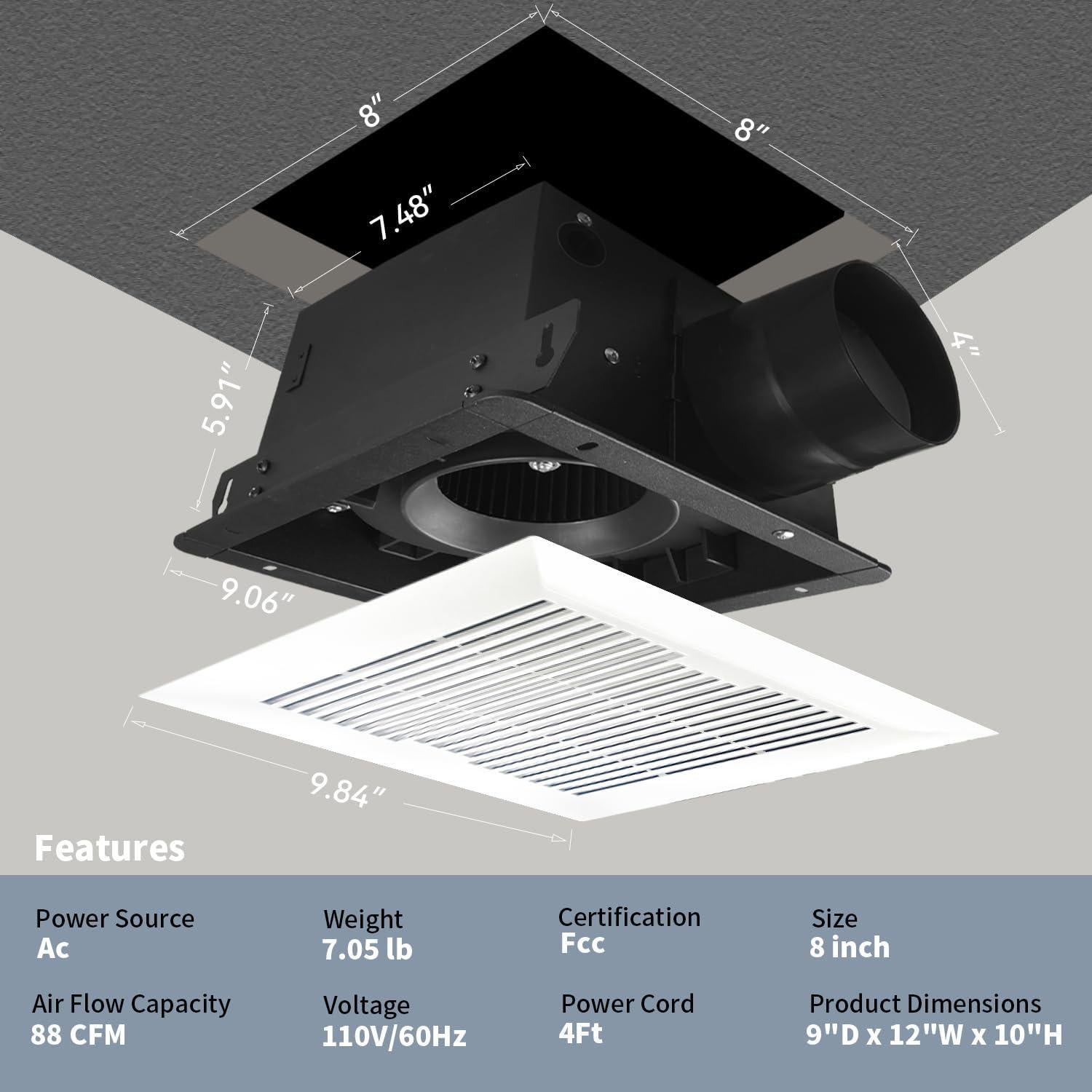 Ventilador de Baño Dcfairfan 88CFM Ultra Silencioso 1.2 Sones
