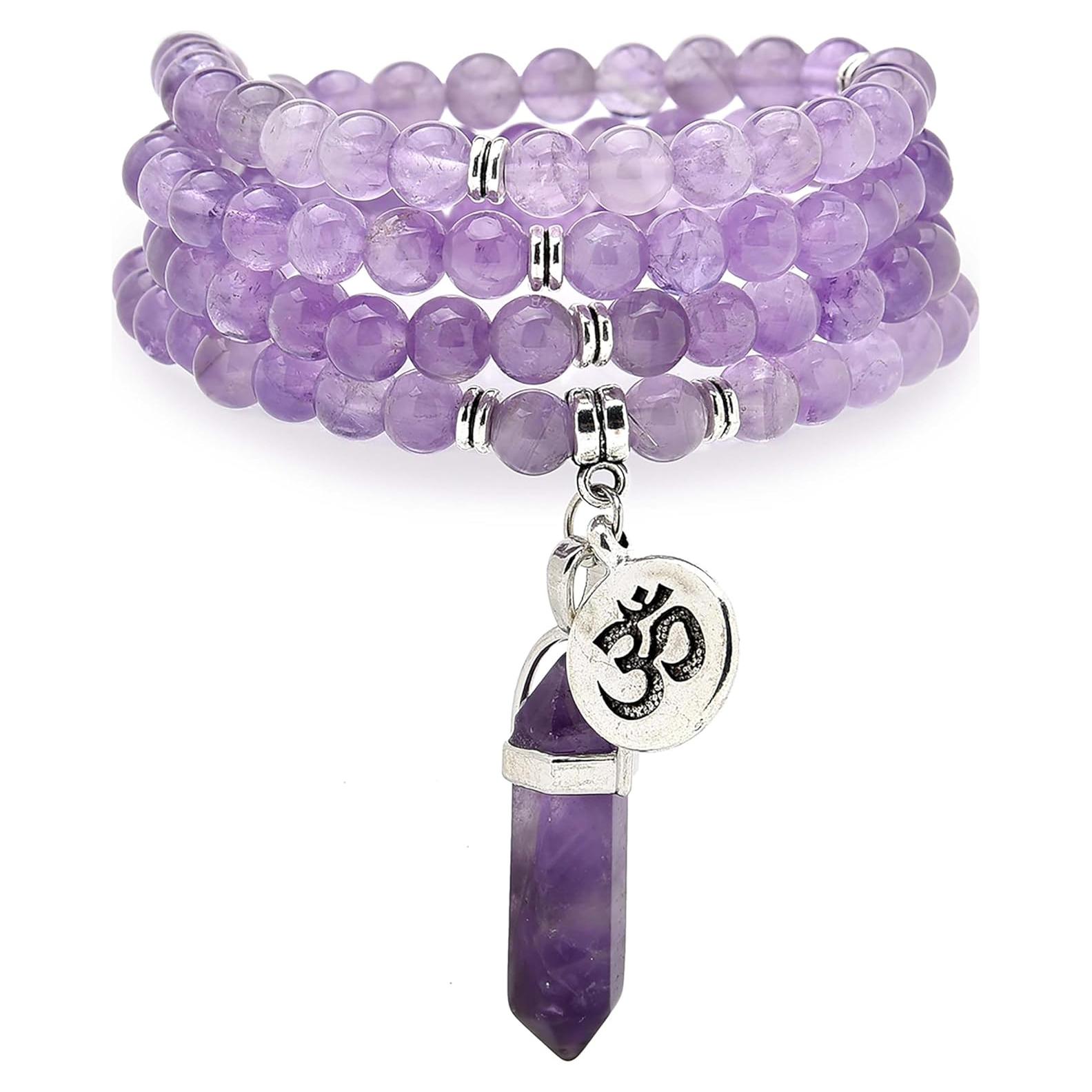 Mala Japa de 108 Cuentas Amatista con Colgante Om y Prisma