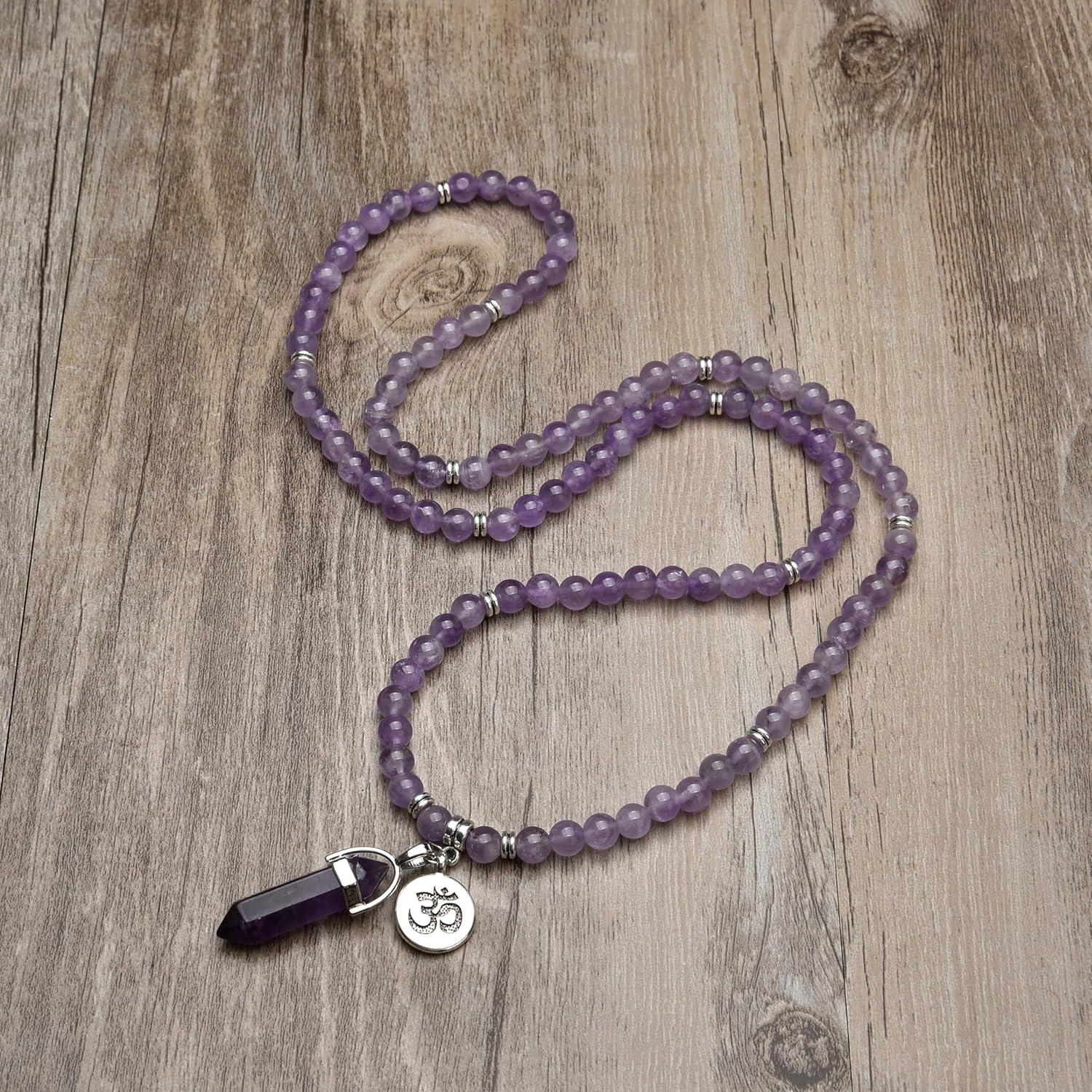 Mala Japa de 108 Cuentas Amatista con Colgante Om y Prisma