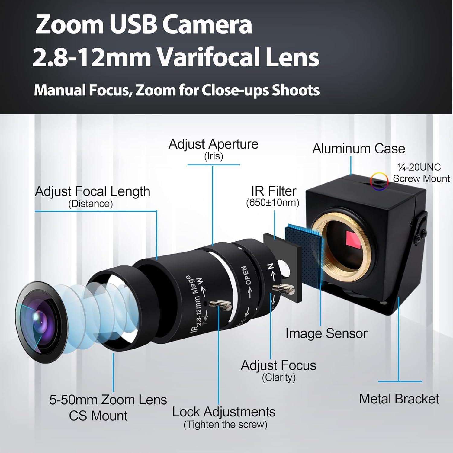 Cámara Web USB 8MP SVPRO con Lente Zoom 2.8-12mm