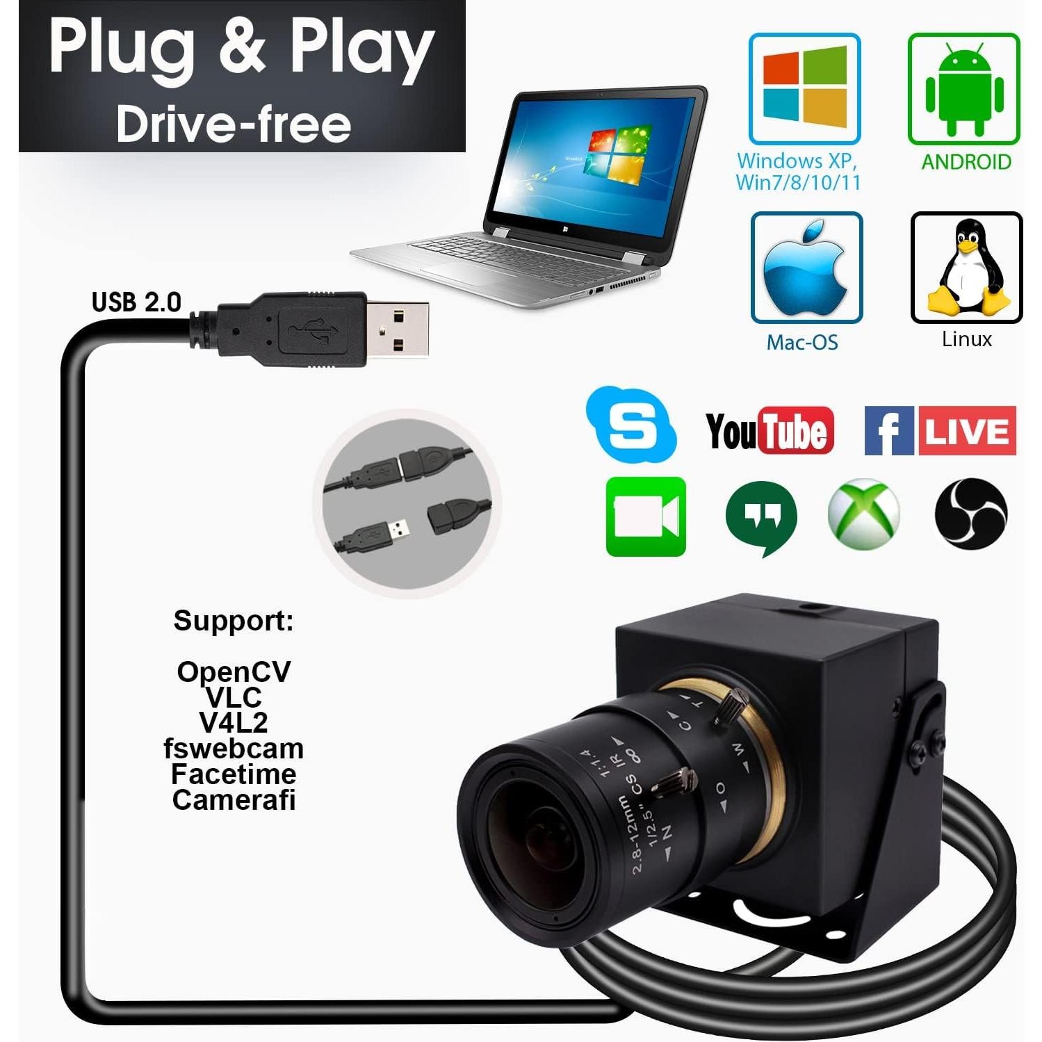 Cámara Web USB 8MP SVPRO con Lente Zoom 2.8-12mm