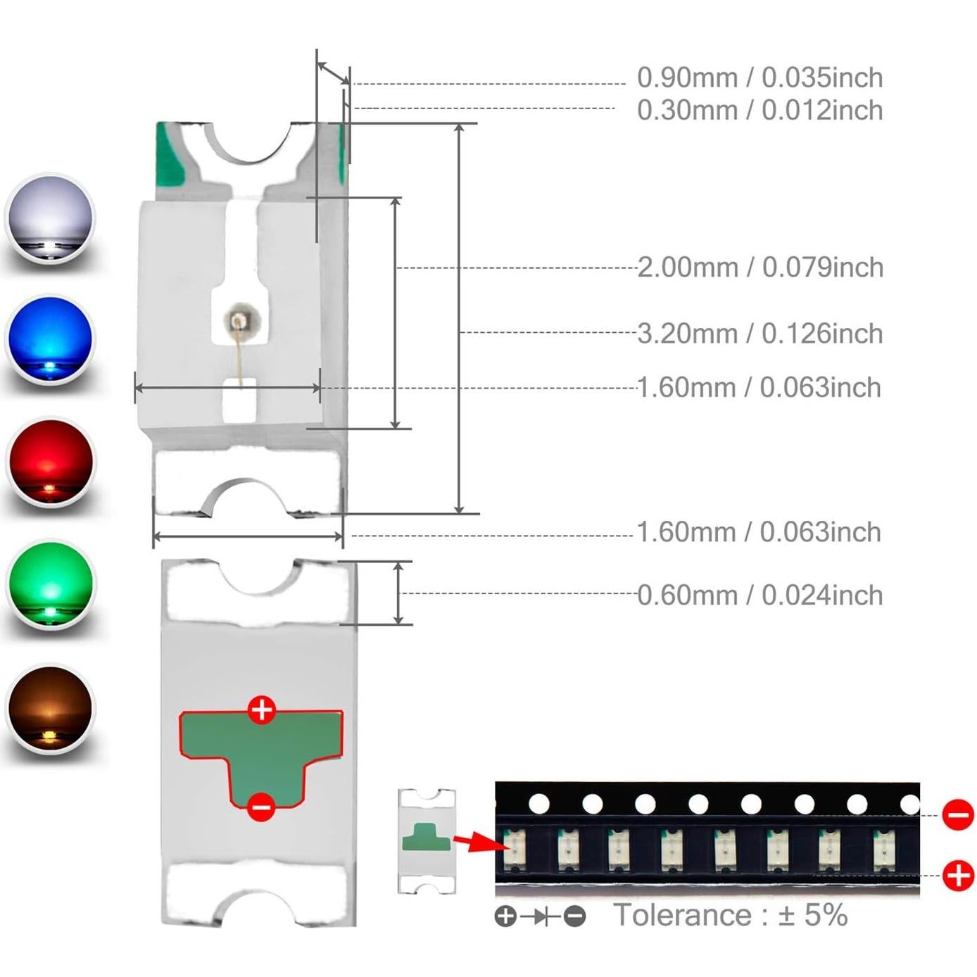 CHANZON (5 Colors x 20 pcs = 100 pcs 1206 SMD LED Diode Lights Assorted Kit (Mini Chip 3.2mm x 1.6mm for PCB DC 20mA) Super Bright Lighting Bulb Lamps Electronics Components Light Emitting Diodes