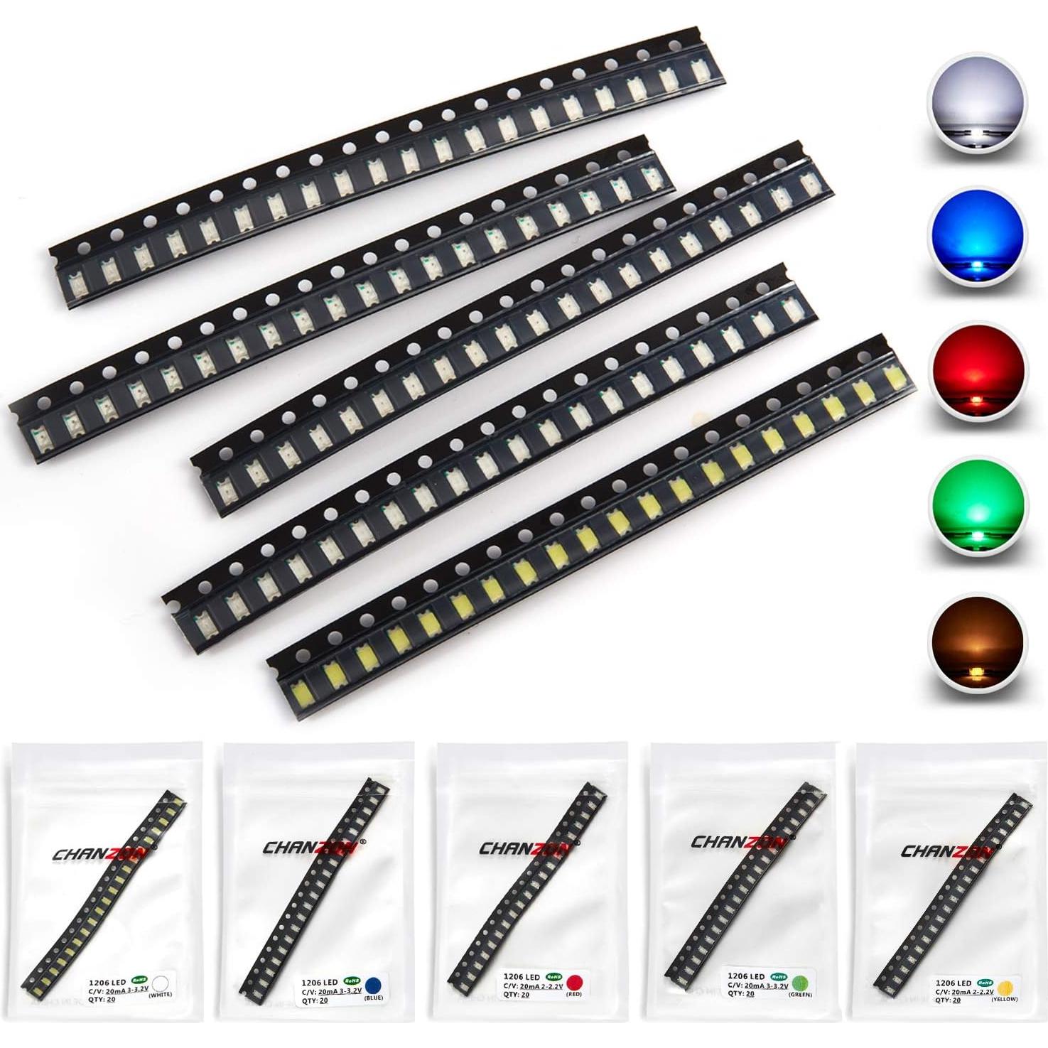 CHANZON (5 Colors x 20 pcs = 100 pcs 1206 SMD LED Diode Lights Assorted Kit (Mini Chip 3.2mm x 1.6mm for PCB DC 20mA) Super Bright Lighting Bulb Lamps Electronics Components Light Emitting Diodes