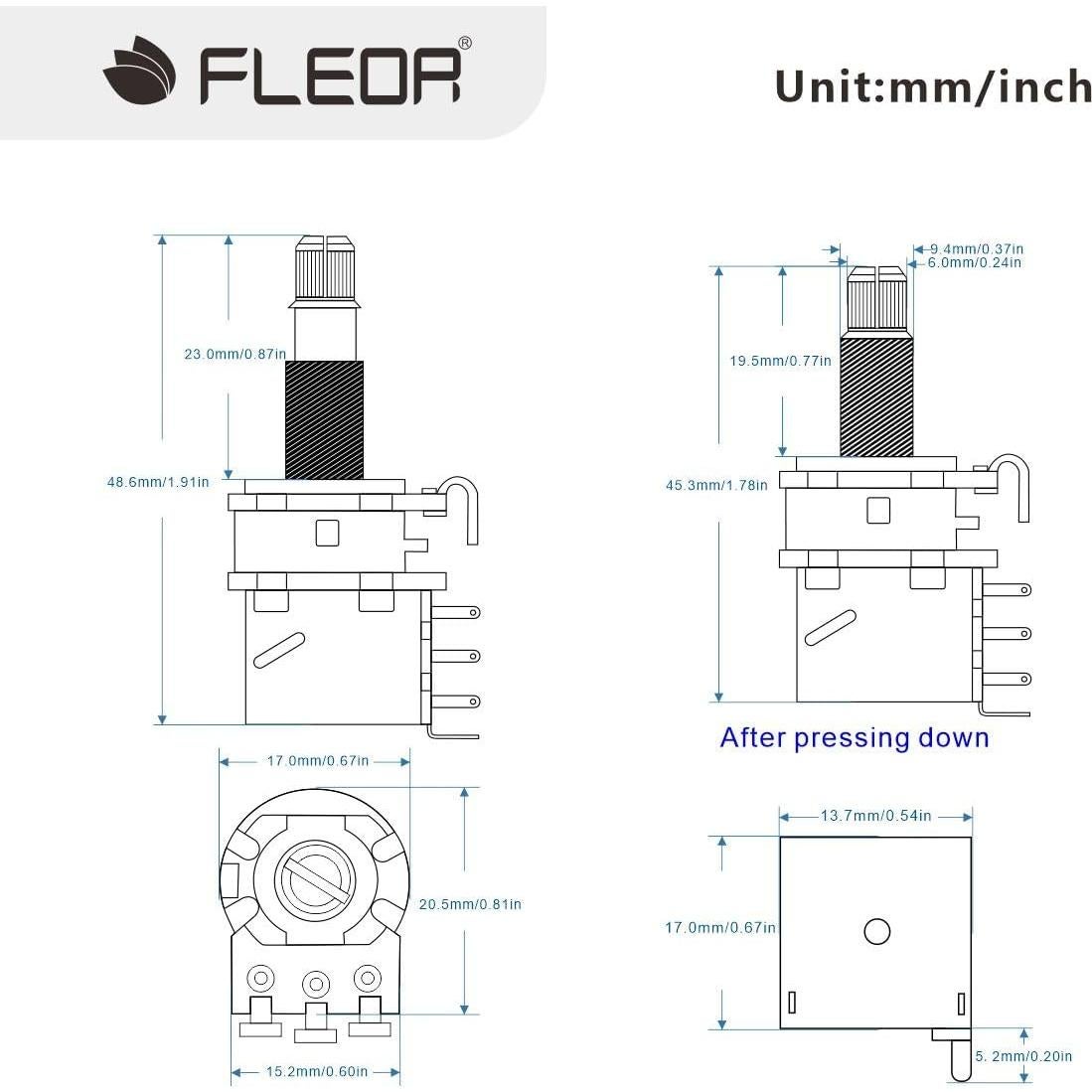 FLEOR Potenciómetros de Guitarra A250K Push Push 2 Pcs