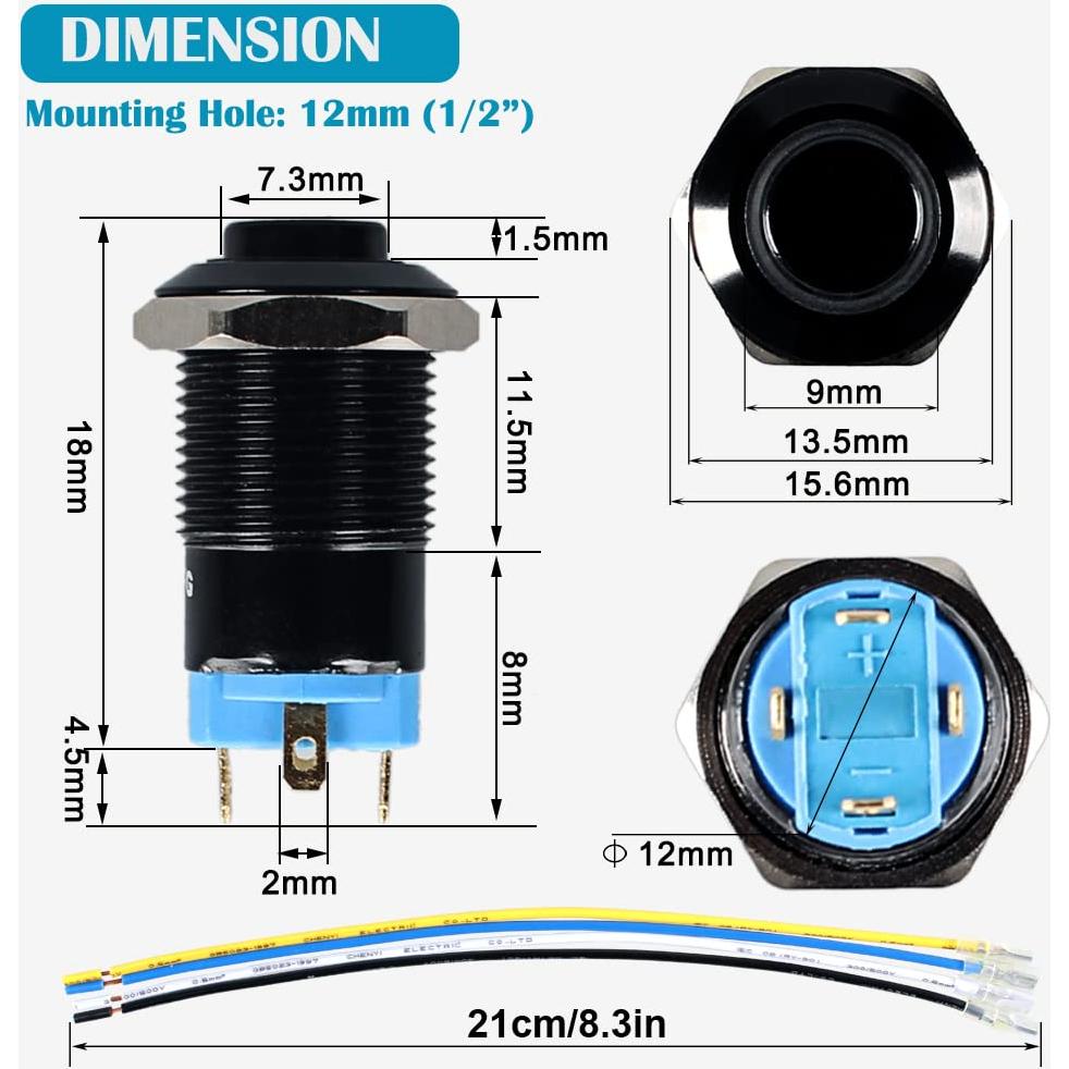 Interruptor de Botón de Presión DMWD 12mm Azul 12V-24V 2pcs