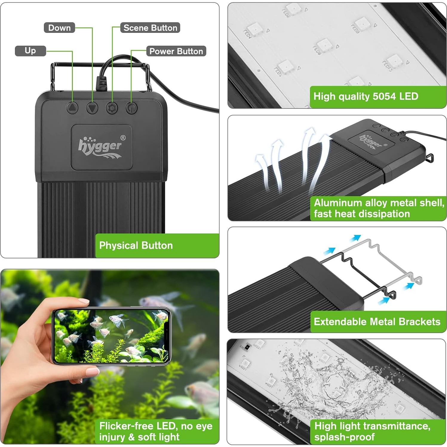 Luz LED Acuario Hygger 18W Bluetooth 30-45 cm Espectro Completo