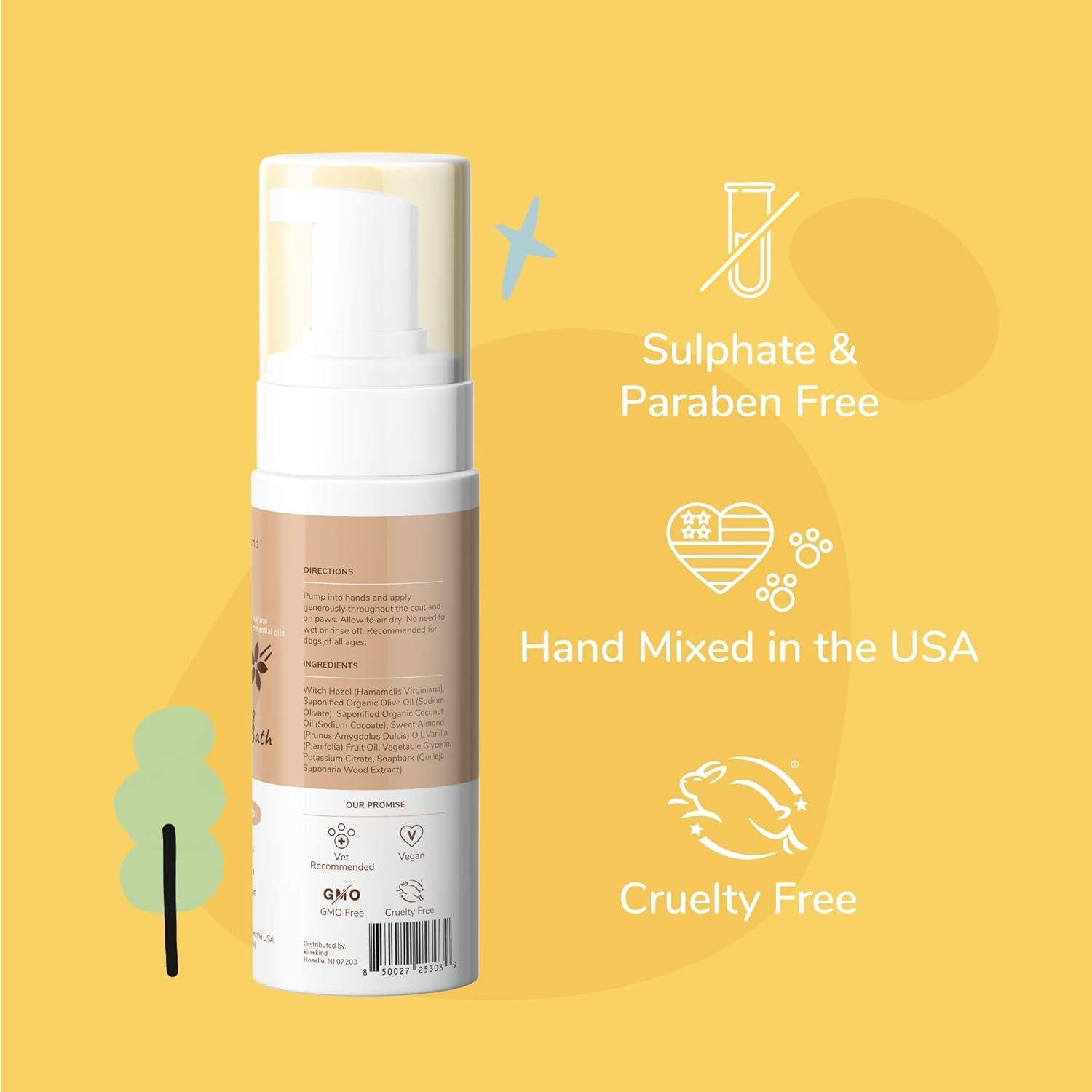 Champú Seco Sin Enjuague para Perros kin+kind 240 ml - Almendra y Vainilla