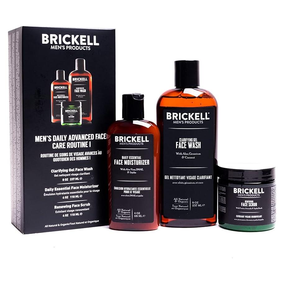 Set de Cuidado Facial para Hombres Brickell - Gel Limpiador, Exfoliante y Loción Hidratante